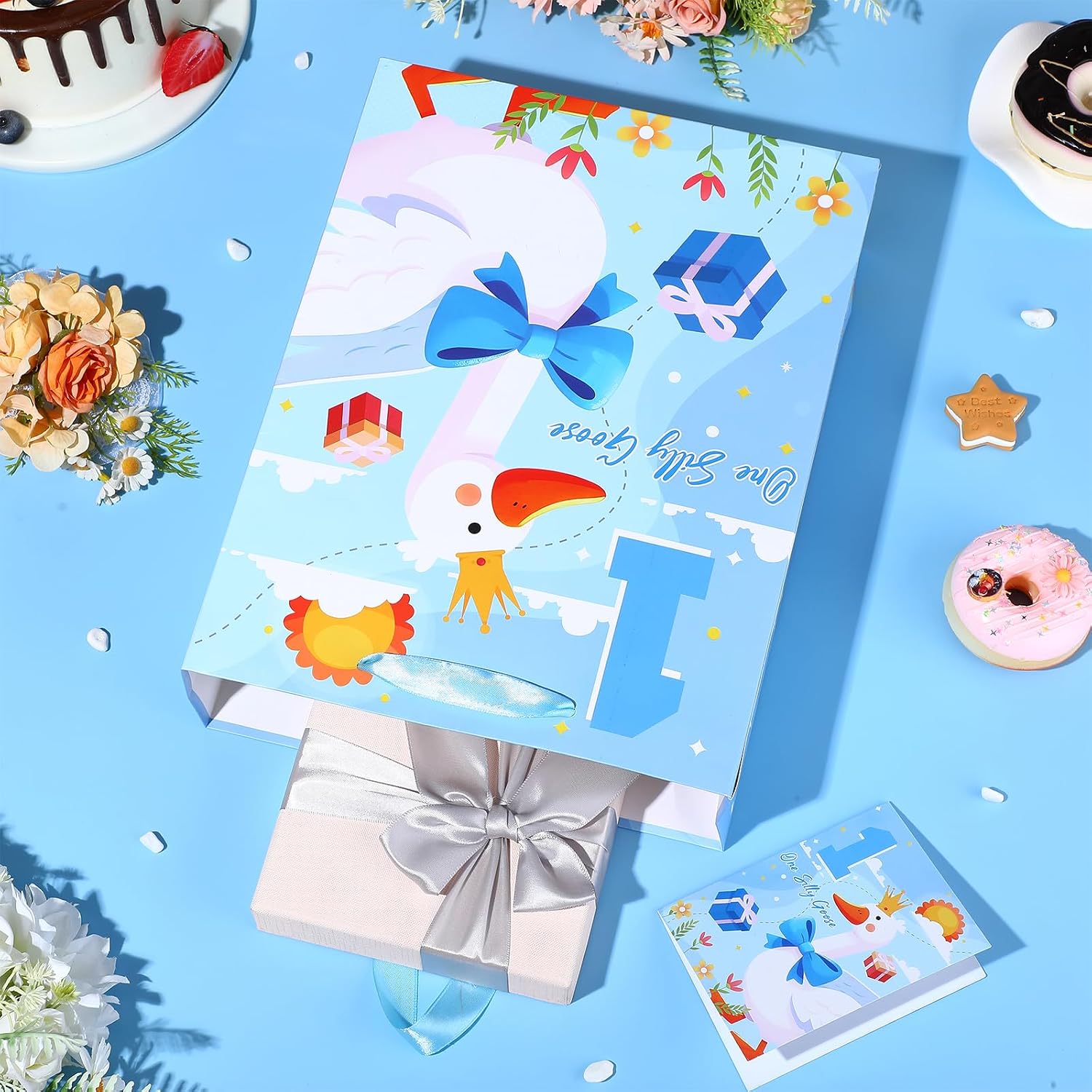One Silly Goose 1st Birthday Gift Bag for Baby Boys Large Blue Silly Goose Happy 1st First Birthday Gift Bag with Wrapping Paper Card for Funny Goose One Year Old Bday Decorations Party Supplies image 5