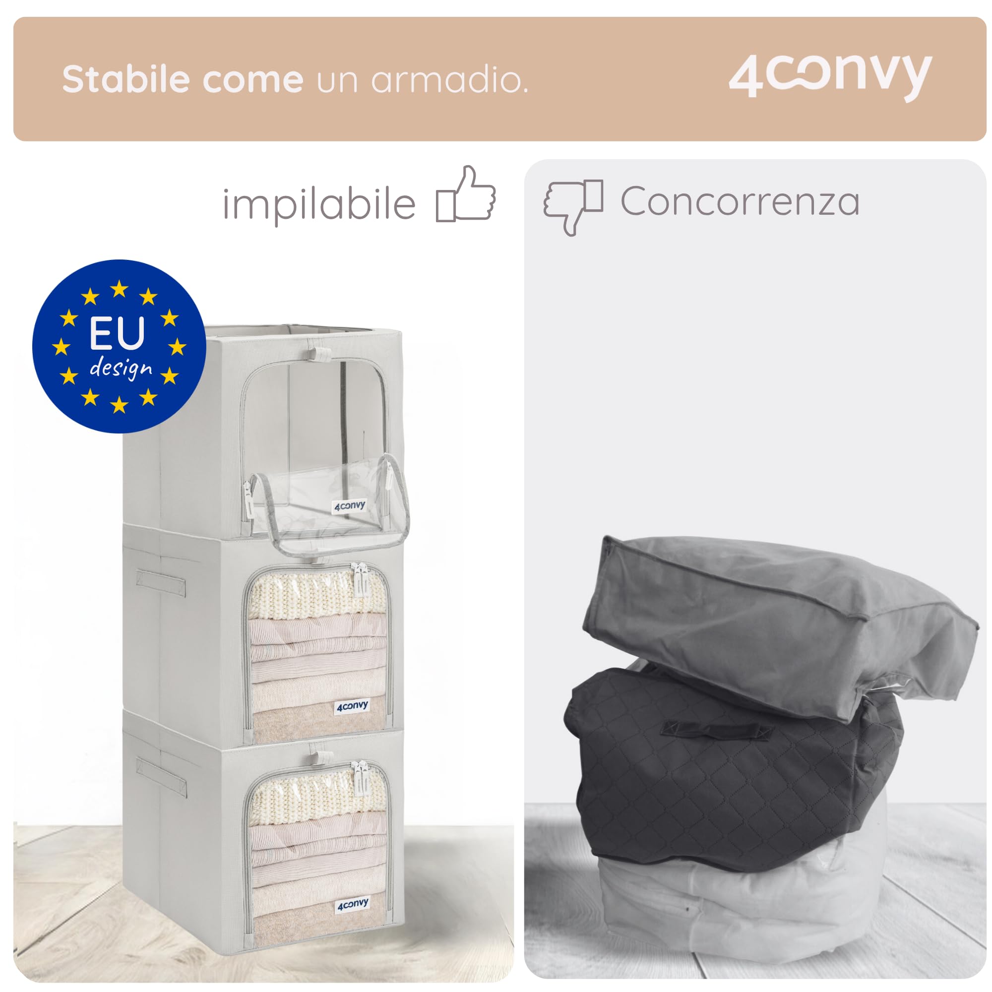 4CONVY Scatole per Armadio Rigide con Cerniera, 2 finestre trasparenti–[2024 MATERIALE AGGIORNATO] Contenitori per Armadio per Vestiti, Organizzatore Armadio con Struttura in Metallo Pieghevole -3x40L