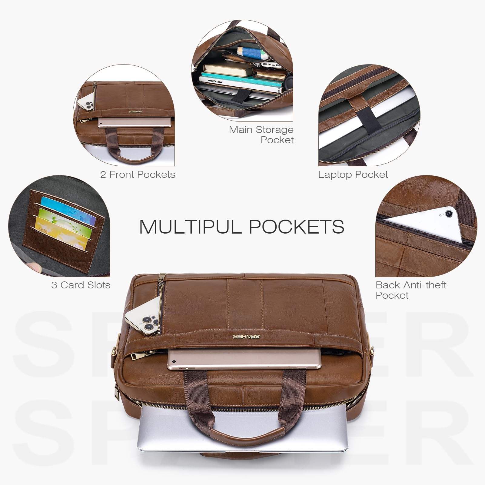 SPAHER Cartable Homme Cuir Malette Sacoche Ordinateur Homme 14/15,6 Pouces Sacoche Travail Business Besace Sac Porte Document Sacs à Main Bandoulière Messenger Bag pour Affaire Voyage