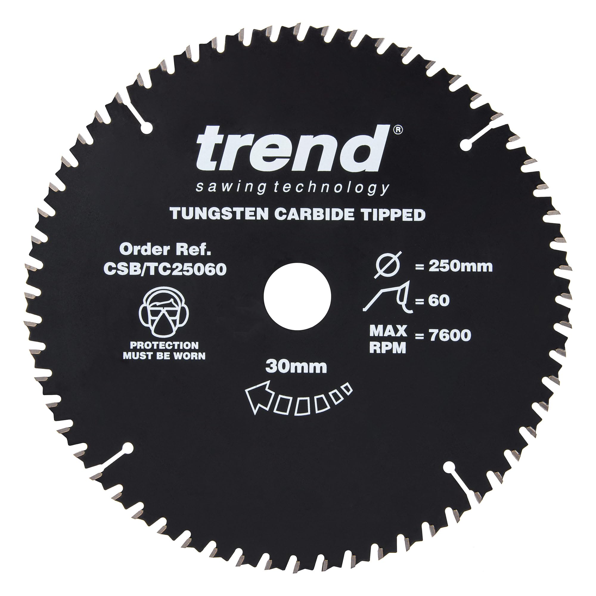 Trend 250Mm X 60 Teeth X 30Mm Bore Wood Ptfe Circular Saw Blade, 250Mm Diameter, 30Mm Bore, 60 Teeth, Tct, 3Mm Kerf, +15° Hook, Csb/Tc25060