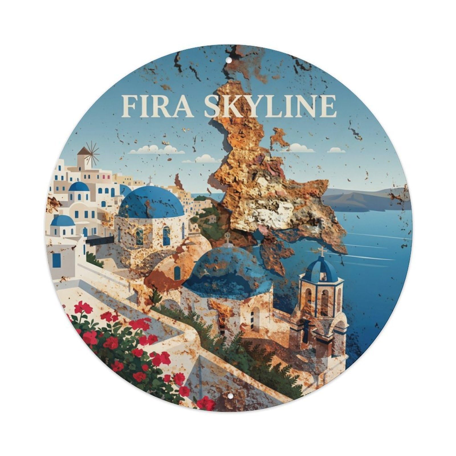 Galvaxio Style Vintage Travel Fira Santorini Skyline Metal Tin Sign