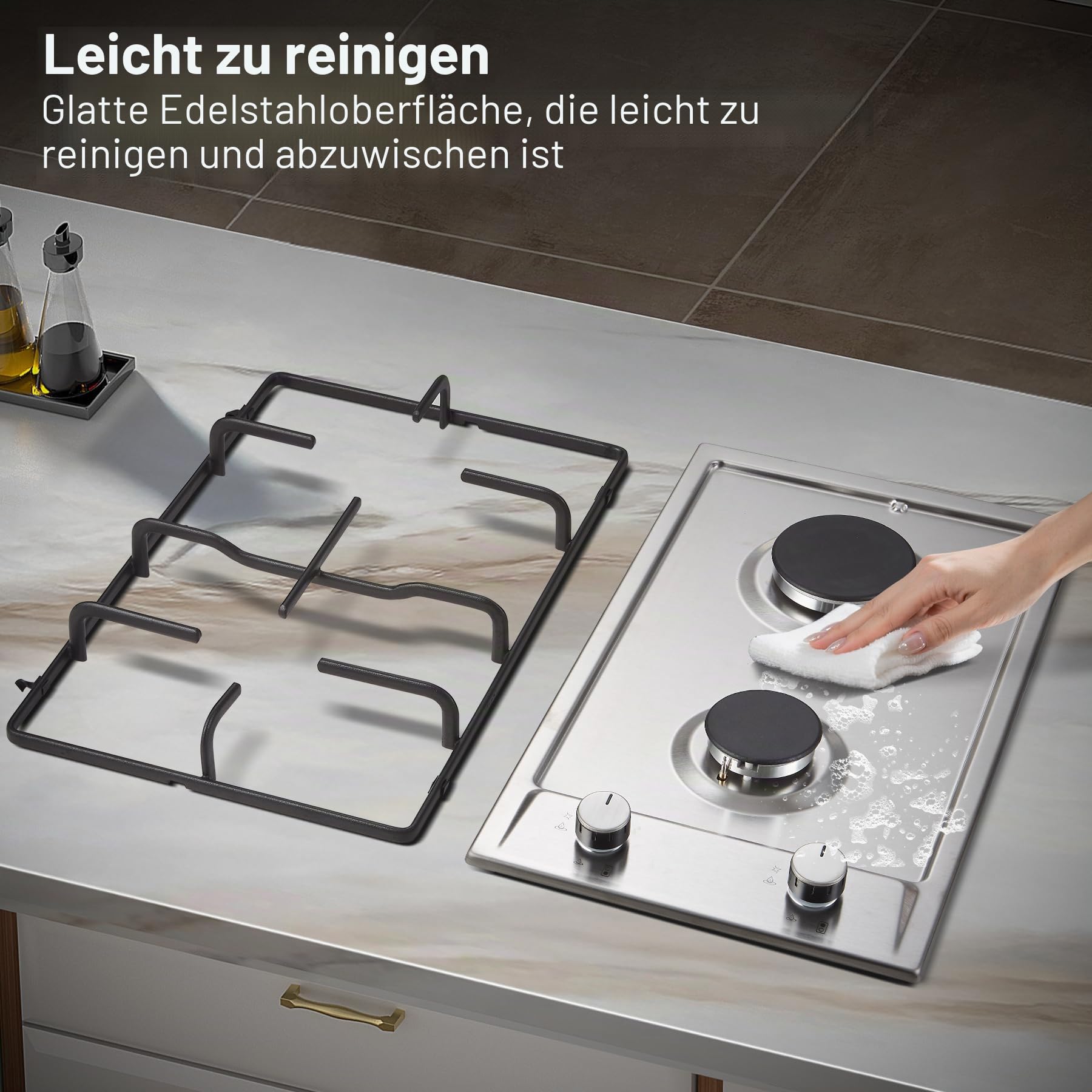 TopStrong Gaskochfeld 2 Flammig 30cm Edelstahl mit Automatischer Flammenschutz 4200W Erdgas Propangas