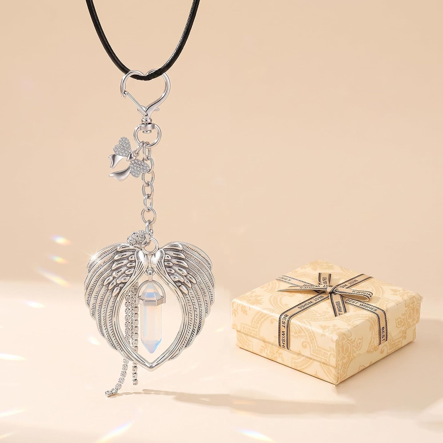 Angel Wings Car Charm & Rear View Mirror Hanging Accessories - Crystal Car Ornaments for Rear View Mirror, Aesthetic Car Decor & Guardian Angel Gifts for Women Family (Silver)