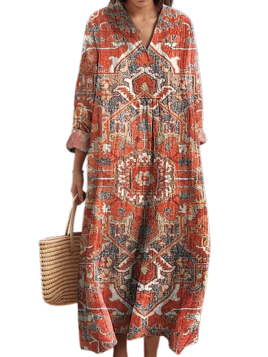 Akivide Women's Flowy Oversized Baggy Boho Floral V Neck Midi Dress Long Sleeve Casual Dress with Pockets