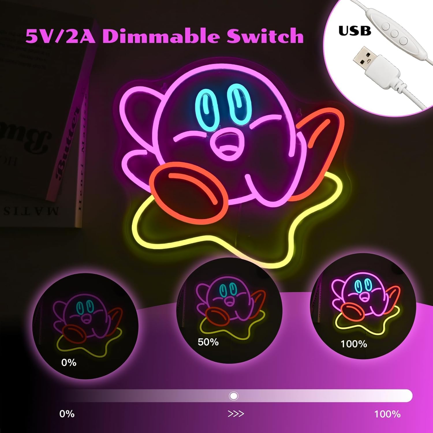 Cute Kirbee Neon Sign Dimmable Japanese Anime Led Signs for Wall Decor LED USB Powered Gaming Neon Light Sign for Kids Bedroom Game Room Decoration Gamer Fans Birthday Gifts - Image 5
