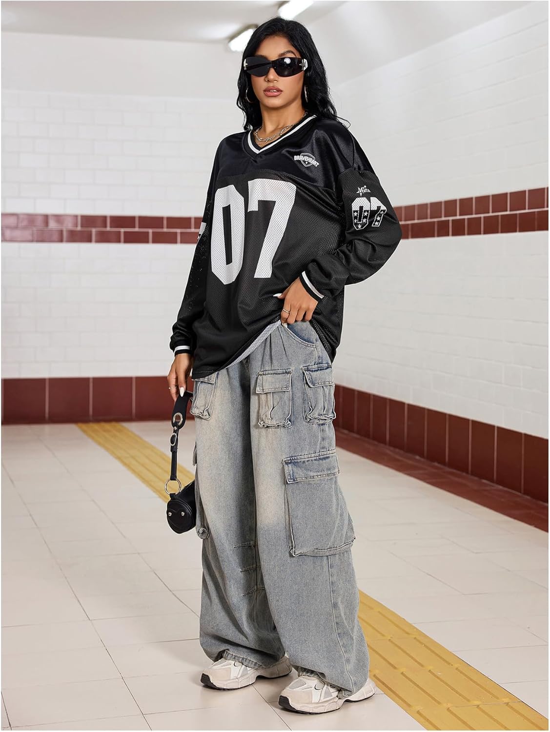 Milumia Women's Mesh Oversized Long Sleeve Jersey Shirt Y2k Number Graphic Tees Blokette T Shirt Top Streetwear - Image 6