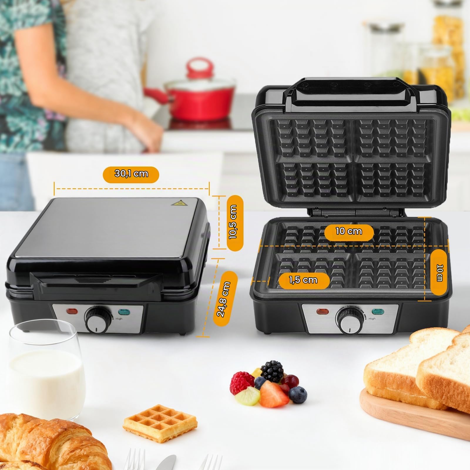 Cozary Gofrera Maquina de Gofres Waflera Antiadherente 1200W Hace 4 Gofres Belgas Temperatura Ajustable Acero inoxidable Diseño Compacto
