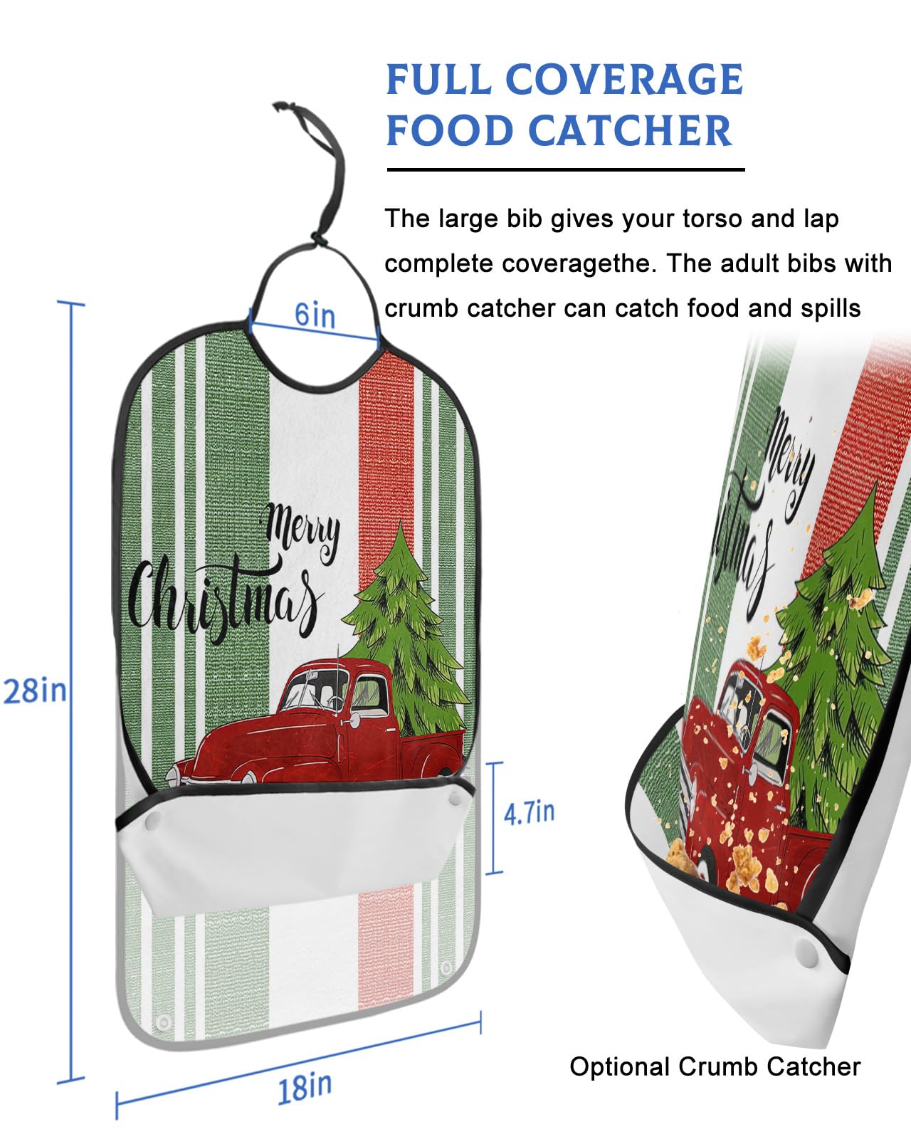Christmas Adult Bibs for Eating, Waterproof Bibs with Food Catcher & Adjustable Snap Closure, Green Red Striped Winter Xmas Tree Truck Washable Clothing Protectors Adult Bibs for Elderly Women/Men
