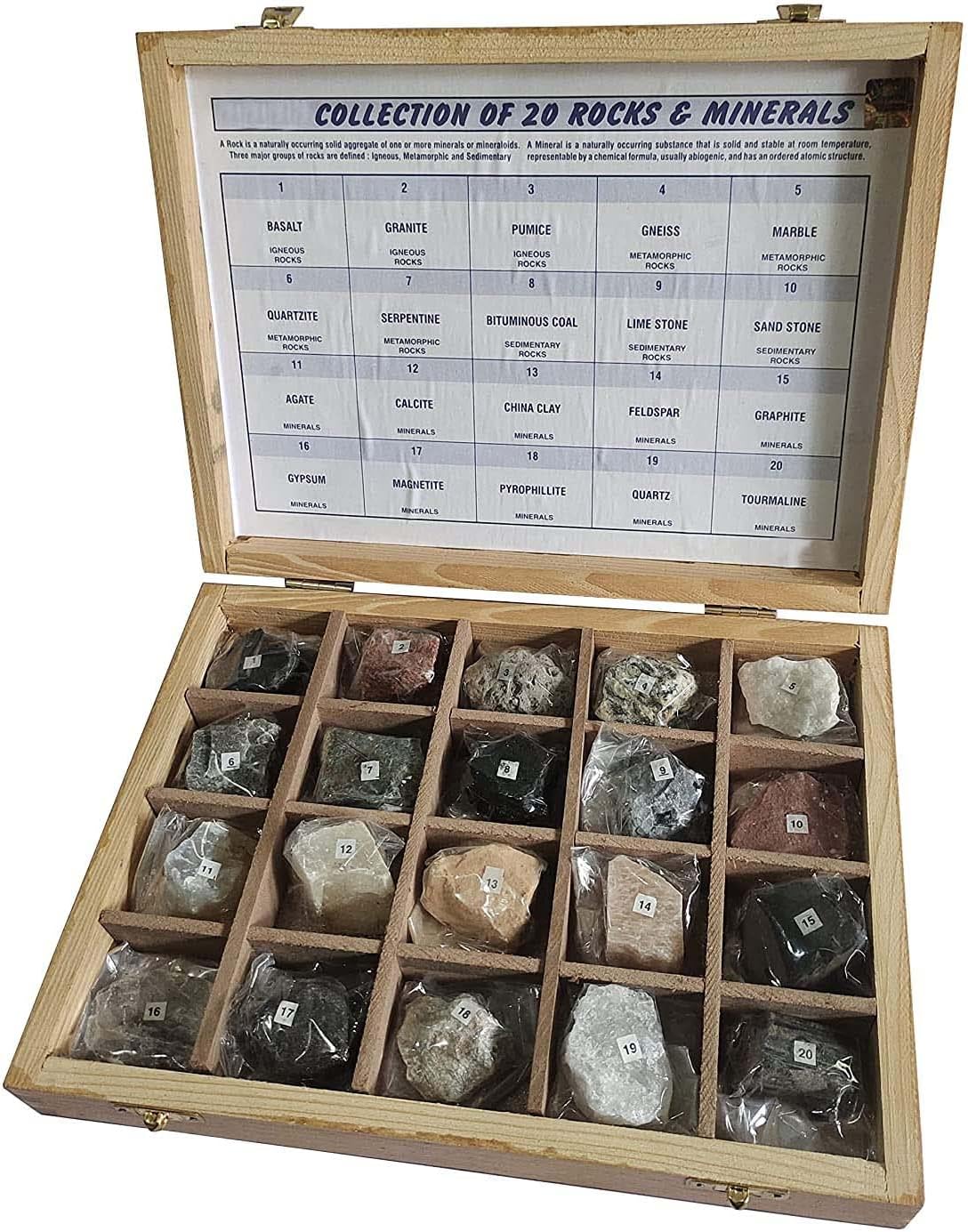 BEXCO Collection of 20 Rocks & Minerals with Set of Igneous Sedimentary Metamorphic Rock Mineral Collection Geology Kits Ideal for Study of Earth Stone