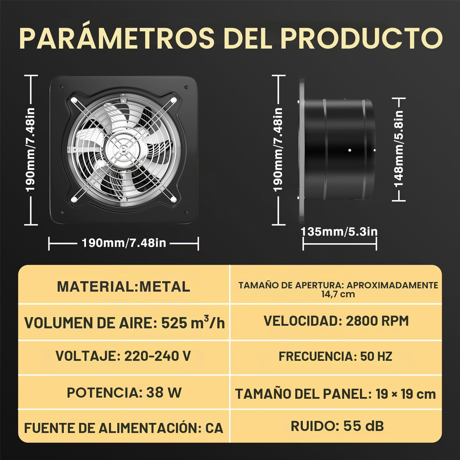 FanGoFast Extractor de Aire 150mm Ventilador de Baño 525m³/h Silencioso con Aleta de Retorno Potente Ventilador Metálico de Pared con Enchufe EU para Cocina Garaje Sótano (Negro, 150mm)