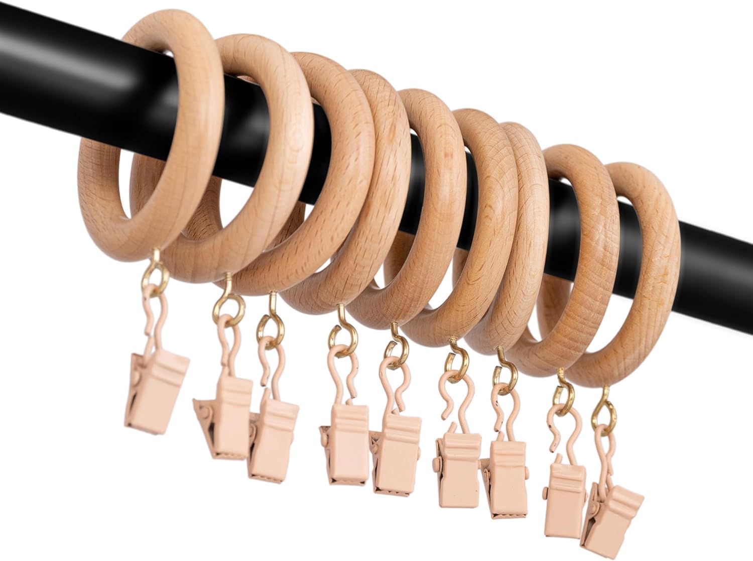 Premium Wooden Curtain Clip Rings – Natural Beechwood Finish – 2" Outer, 1.25" Inner Diameter – Decorative Drapery Rings with Hooks for Rods and Panels - Pack of 48