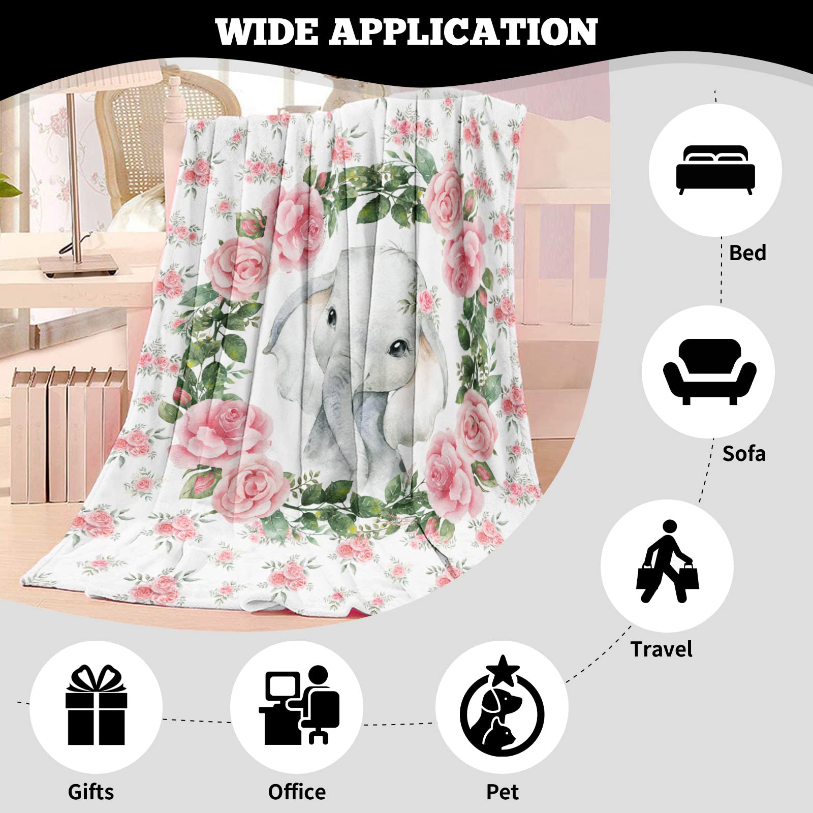 TUTUXMA Elephant Throw Blanket for Girls 130x150cm Soft Cozy With Flowers - Image 3
