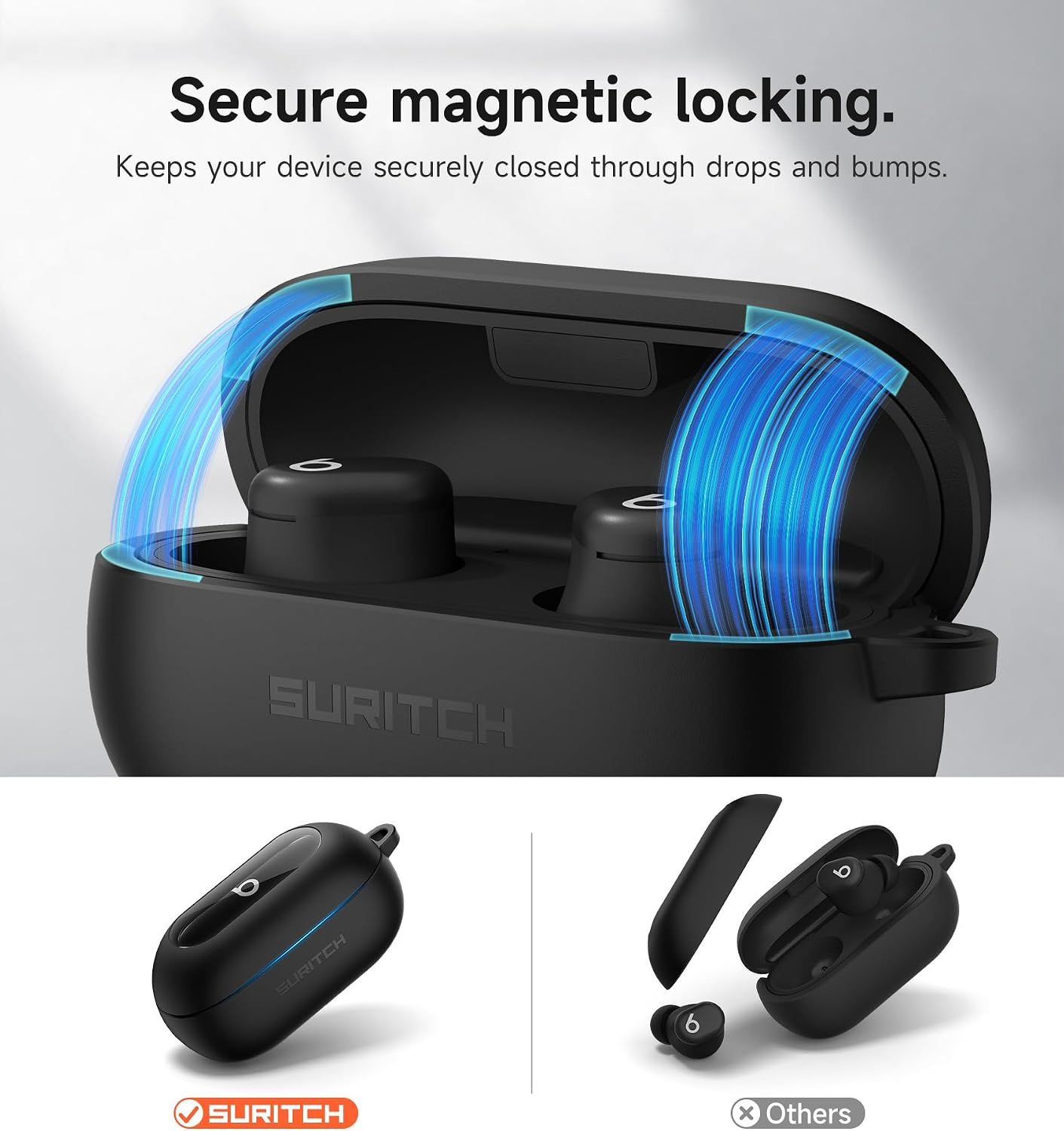 SURITCH Cases for Beats Solo Buds 2024 Case Cover, Magnetic Protective Covers for Beats Solo Buds Wireless Earbuds, Rugged Bumper Case with Magnetic Lok & Carabiner & Keyring & Cleaning Kit, Black