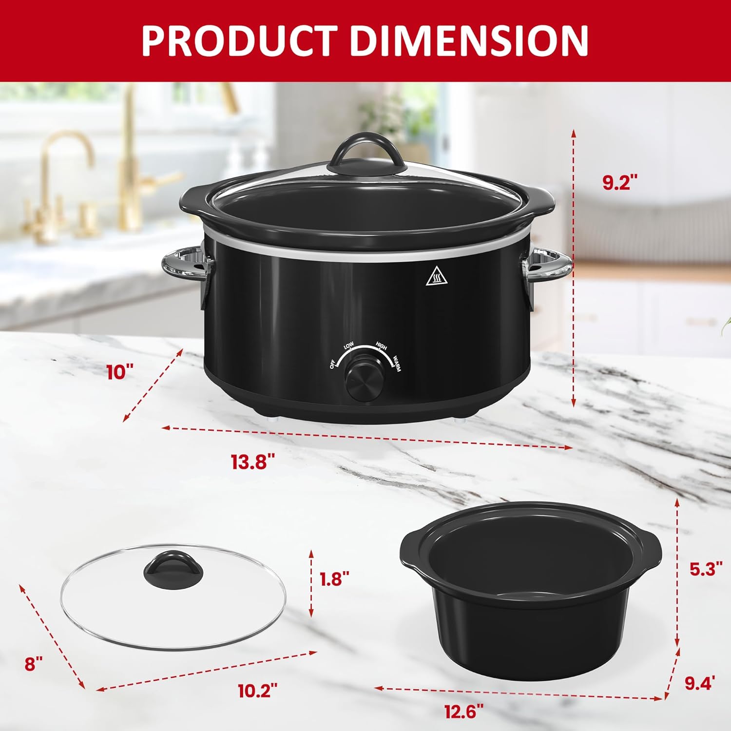 4 QT Slow Cooker, Kiss the Water Buffet Server and Warmer with 3 Heating Modes, Compact Slow Cooker, Dishwasher-Safe Removable Ceramic Pot & Tempered Glass Lid, Stainless Steel, Black
