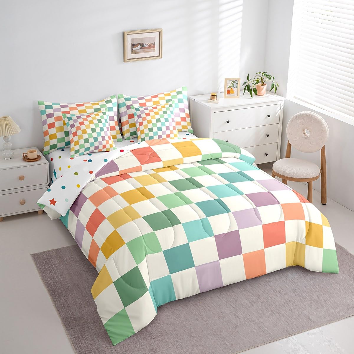 Feelyou Multicolored Checkered Retro 7 Piece Bedding Set Kids Boys Geometric Vintage Comforter Set with Sheets King Size Green Yellow Colorful Bed in a Bag Modern Simple Groovy Aesthetic Room Decor: Green Yellow Colorful Full