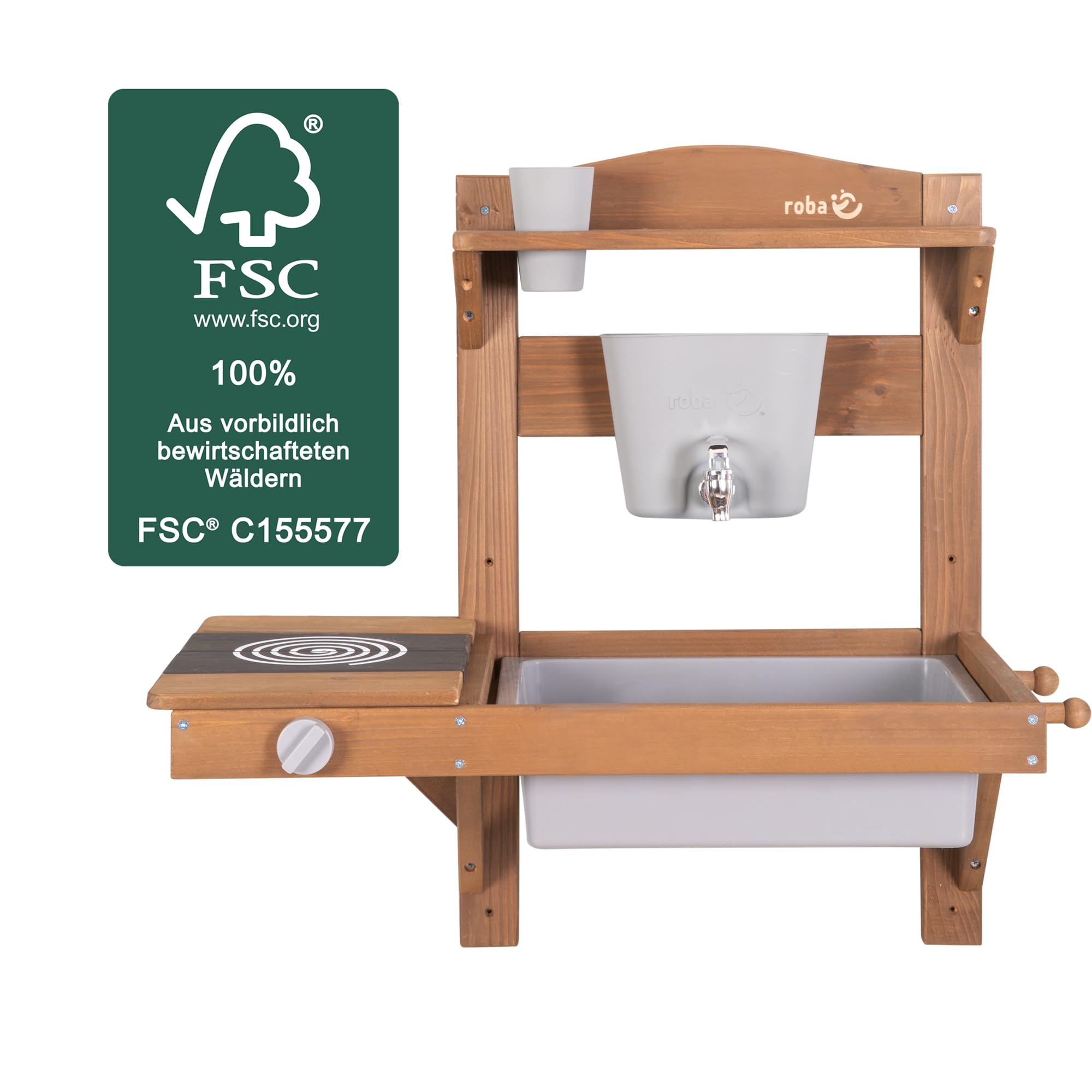 roba Cuisine Extérieure Murale pour Enfants avec Évier, Plaque de Cuisson, Réservoir à Eau et Accessoires - Mini-Cuisine à Suspendre en Bois Massif Lasuré Teck