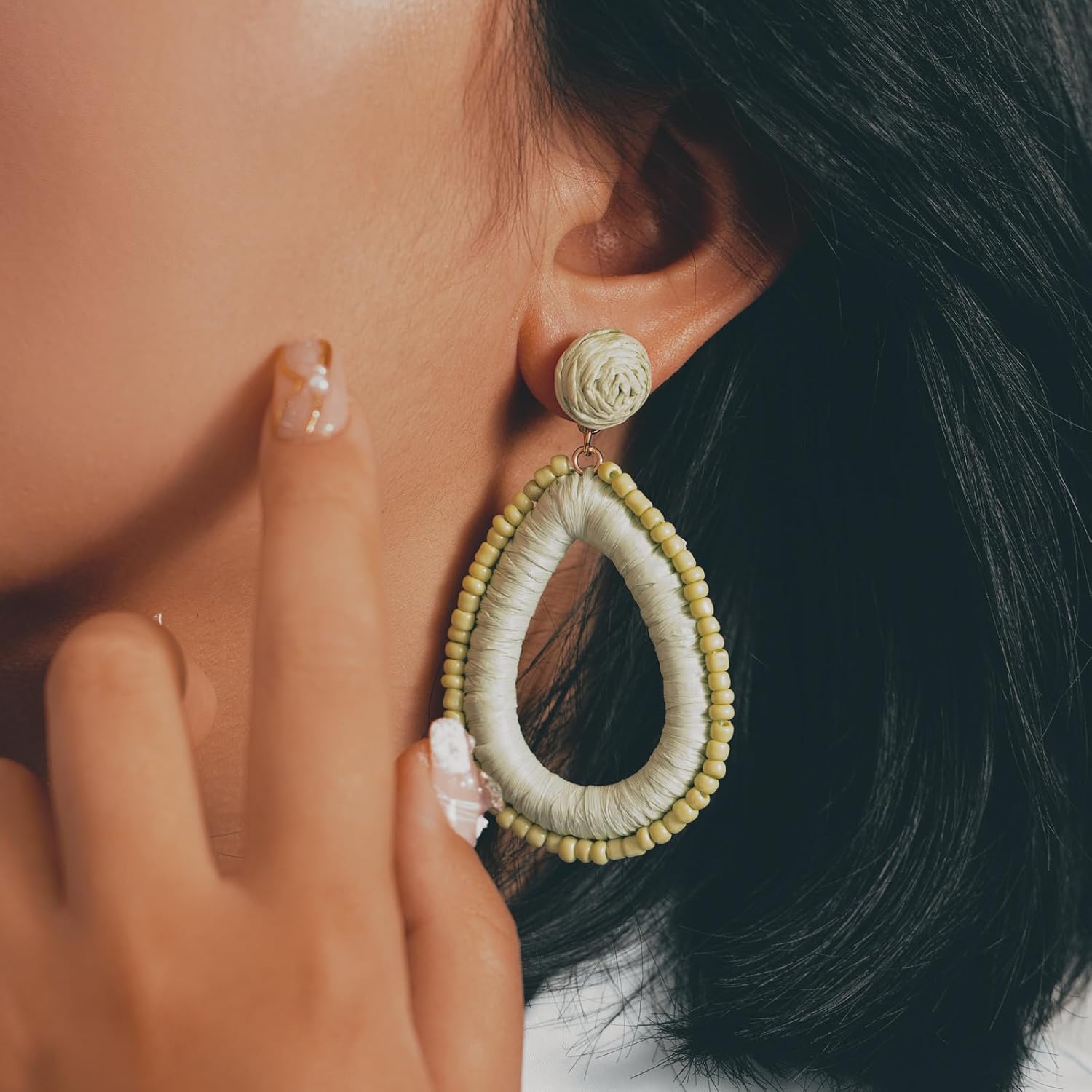 Beaded Teardrop Earrings Boho Raffia Earrings Statement Tear Drop Earrings Trendy Summer Jewelry for Women - Image 3