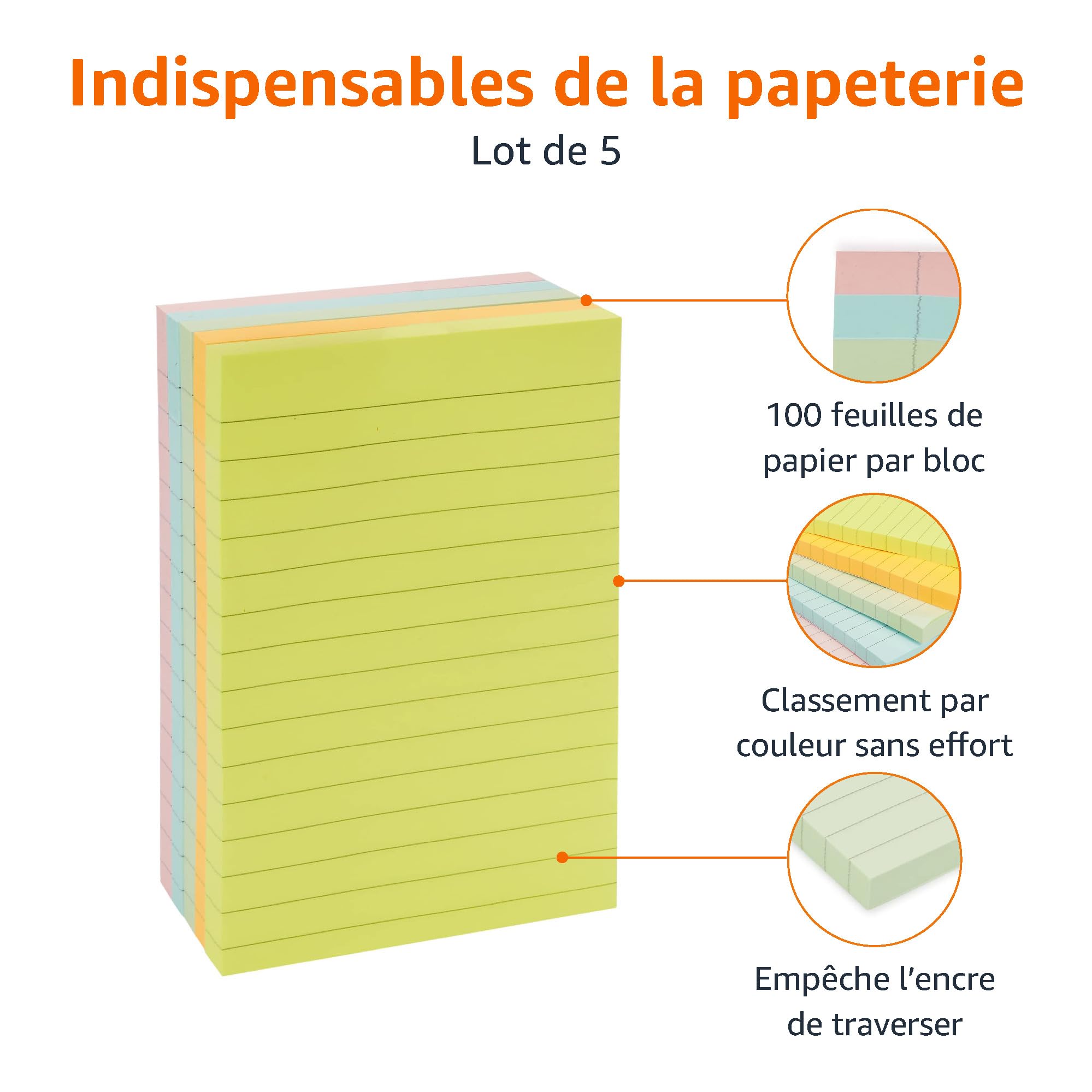 Amazon Basics Carrée blocs de feuillets autocollants lignés 102 x 152 mm Lot de 5