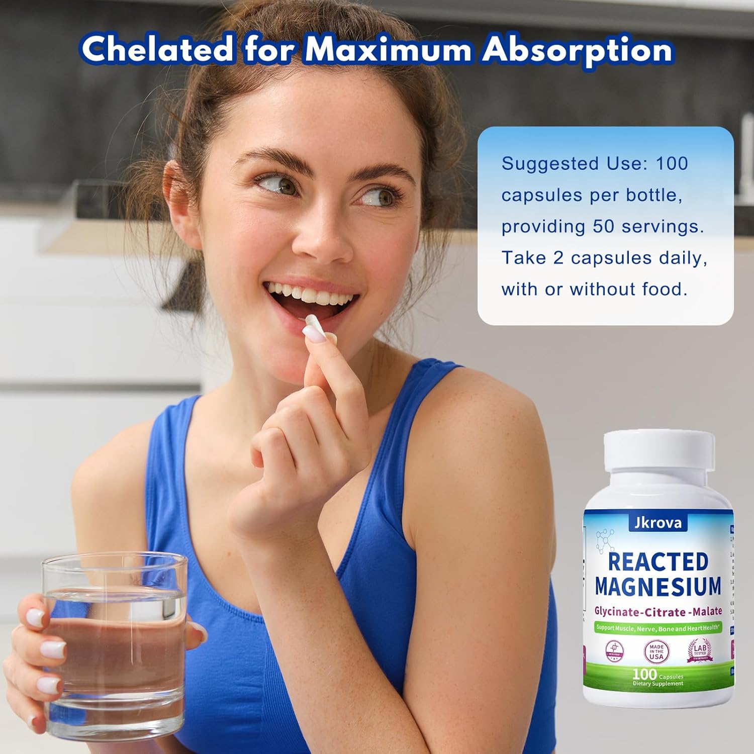 Reacted Magnesium & Potassium - High Absorption Magnesium Supplement with Magnesium Citrate, Glycinate, Malate - Supports Sleep, Muscles, Heart Health - 100 Capsules - Image 6