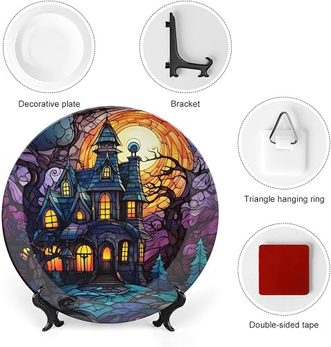 Miniatura 3 de Platos decorativos, diseño de casa embrujada, luna, noche, vitral, placa de cerámica para el hogar, plato tambaleante con soporte de exhibición,