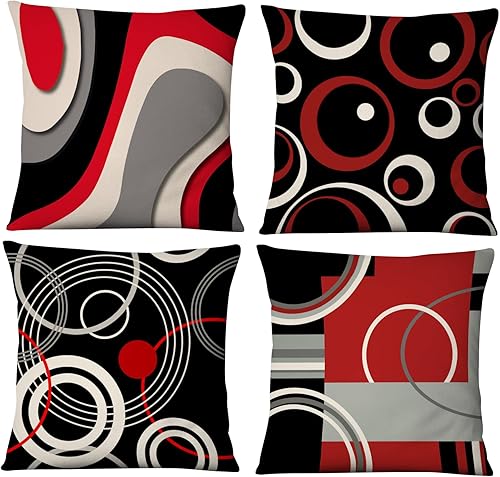 Juego de 4 fundas de almohada abstractas rojas y negras de 18 x 18 pulgadas, fundas de almohada decorativas, fundas de cojín cuadradas geométricas