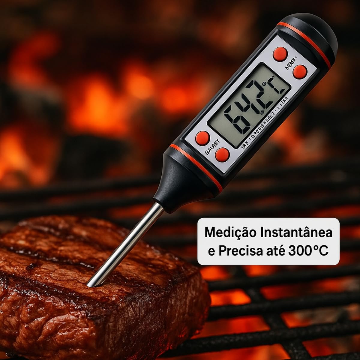 Termomêtro Culinário Digital Espeto até 300ºC Carnes Churrasco Chocolate Sobremesa Líquidos Alta Resistência Térmica PREMIUM
