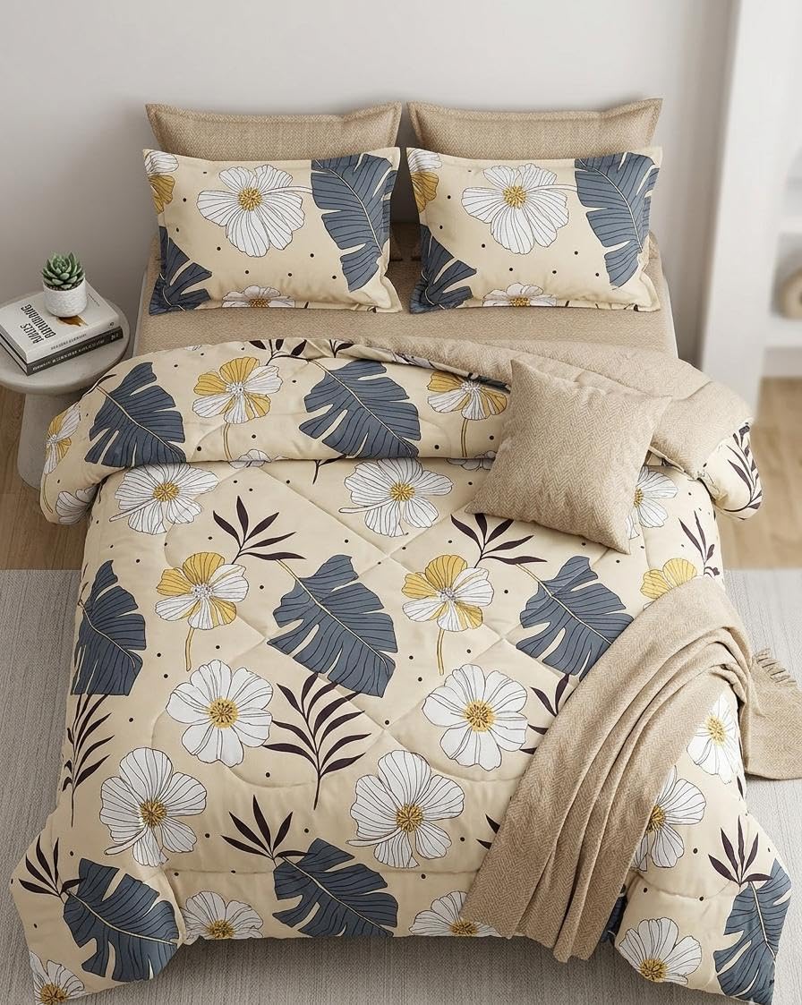 Ruby Cotton Bedding Set with Comforter 4 PC Set, King Size Bed Sheet/Bed Cover, Comforter & 2 Pillow Covers, Quilted Printed Luxury Bedroom Set (Cream_2)-image-36