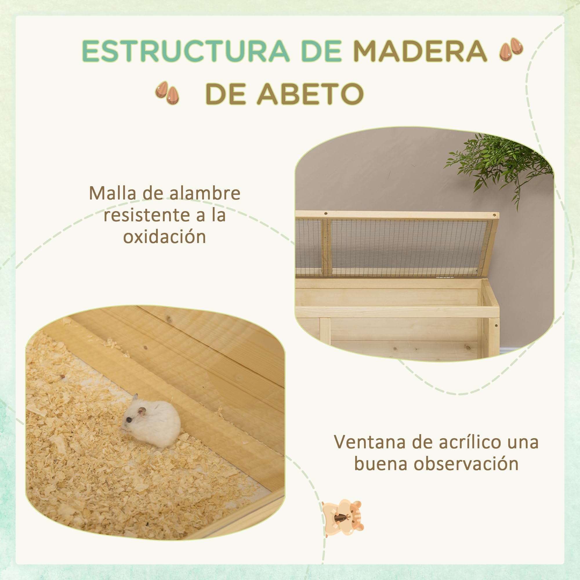 PawHut Jaula para Hámster con Panel de Acrílico 100x58x38 cm Casa para Hamsters de Madera con Tapa Abatible Bandeja Extraíble y Nido para Chinchillas Conejos Natural