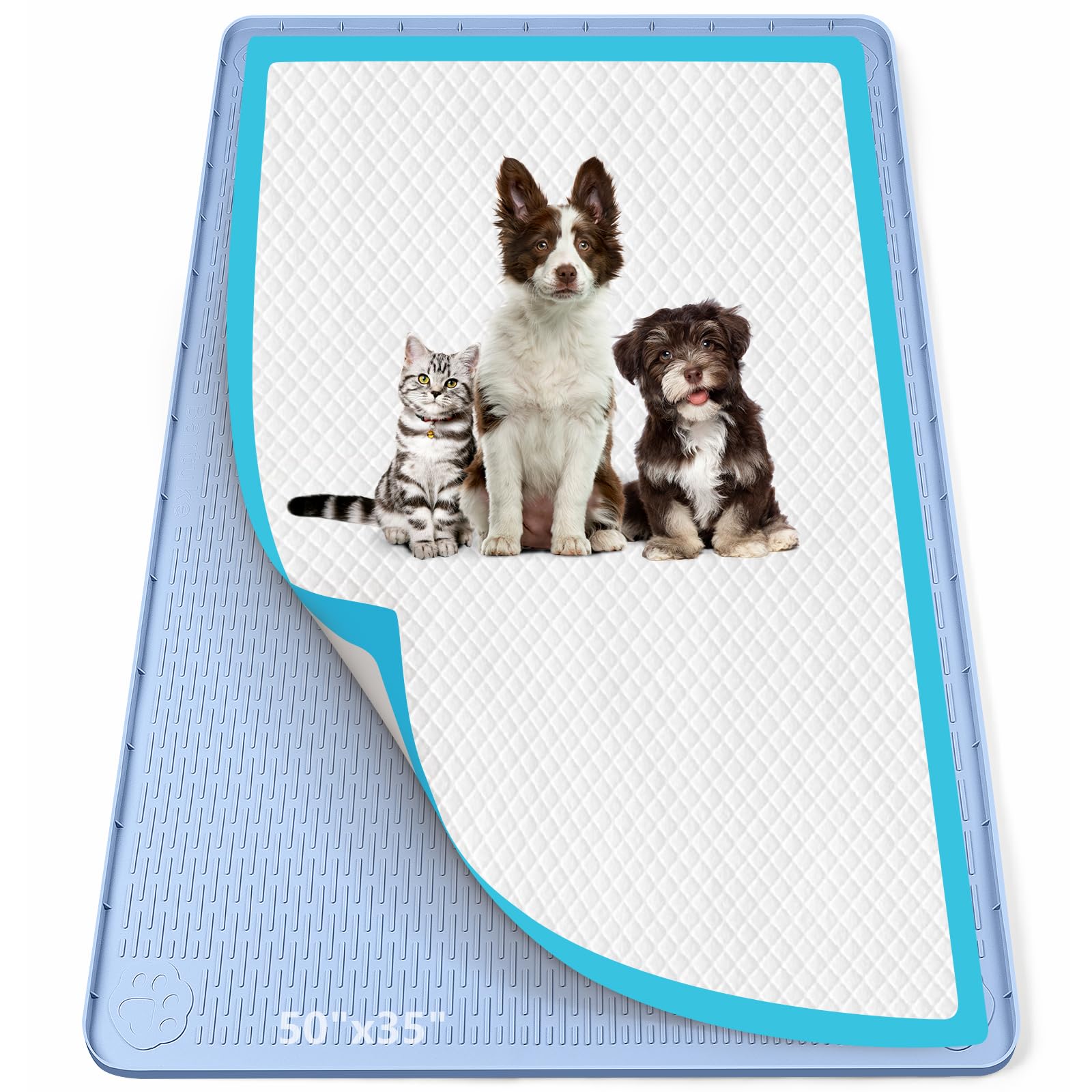Bartuke Pee Pad Holder for Dogs, 50" x 35" Silicone Pee Tray Mat Leak-Proof, High Edge, No Spill Pet Pad Holder for Puppy, Cat, Rabbit, Training Pads for Floor Protection, No Pee Pads (Blue)