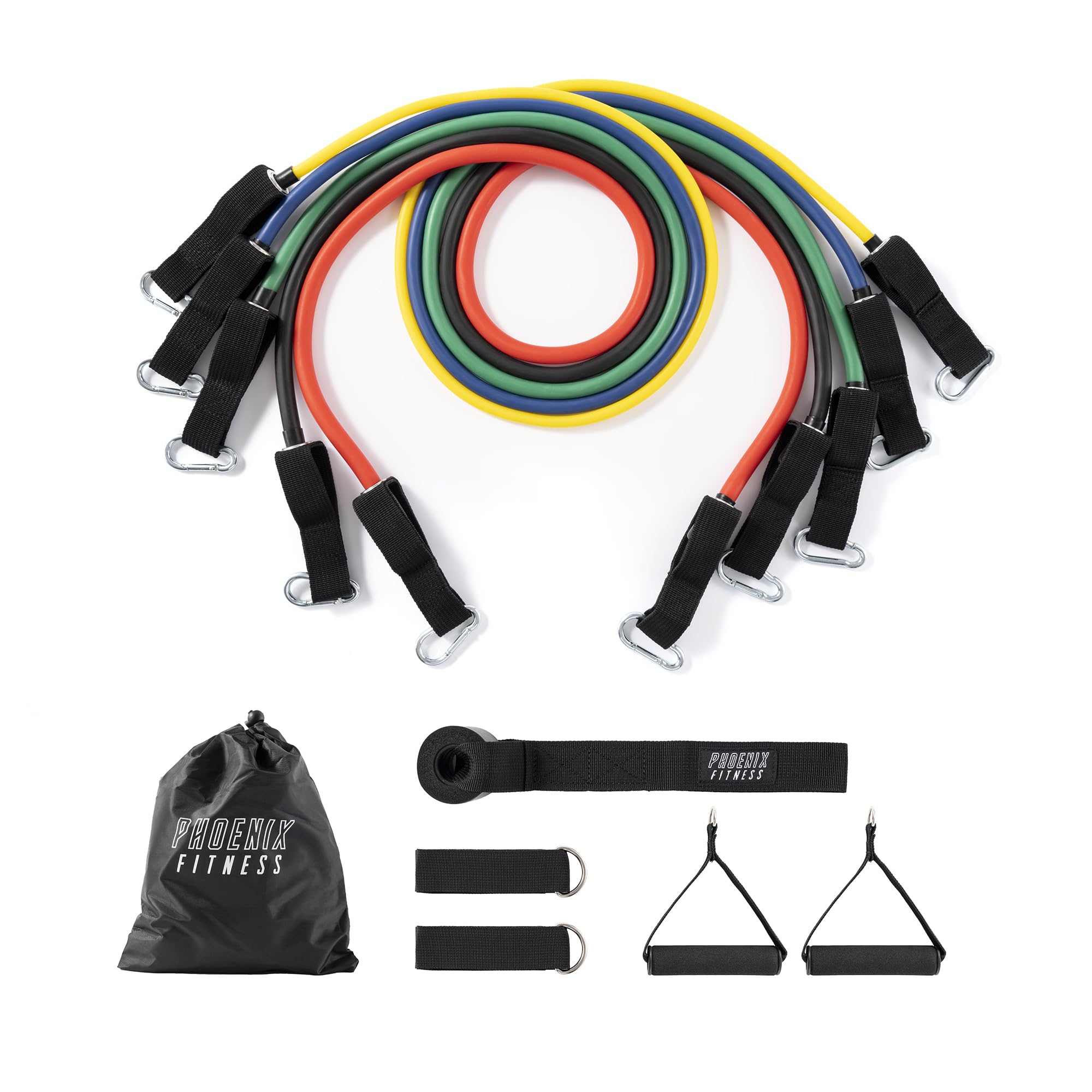 Phoenix Fitness Resistance Bands - Set of 5 Resistance Tubes with Handles, Ankle Straps & Door Anchor & Carry Bag - Exercise Bands for Men and Women Strength Training & Rehab - Bright, 150lbs