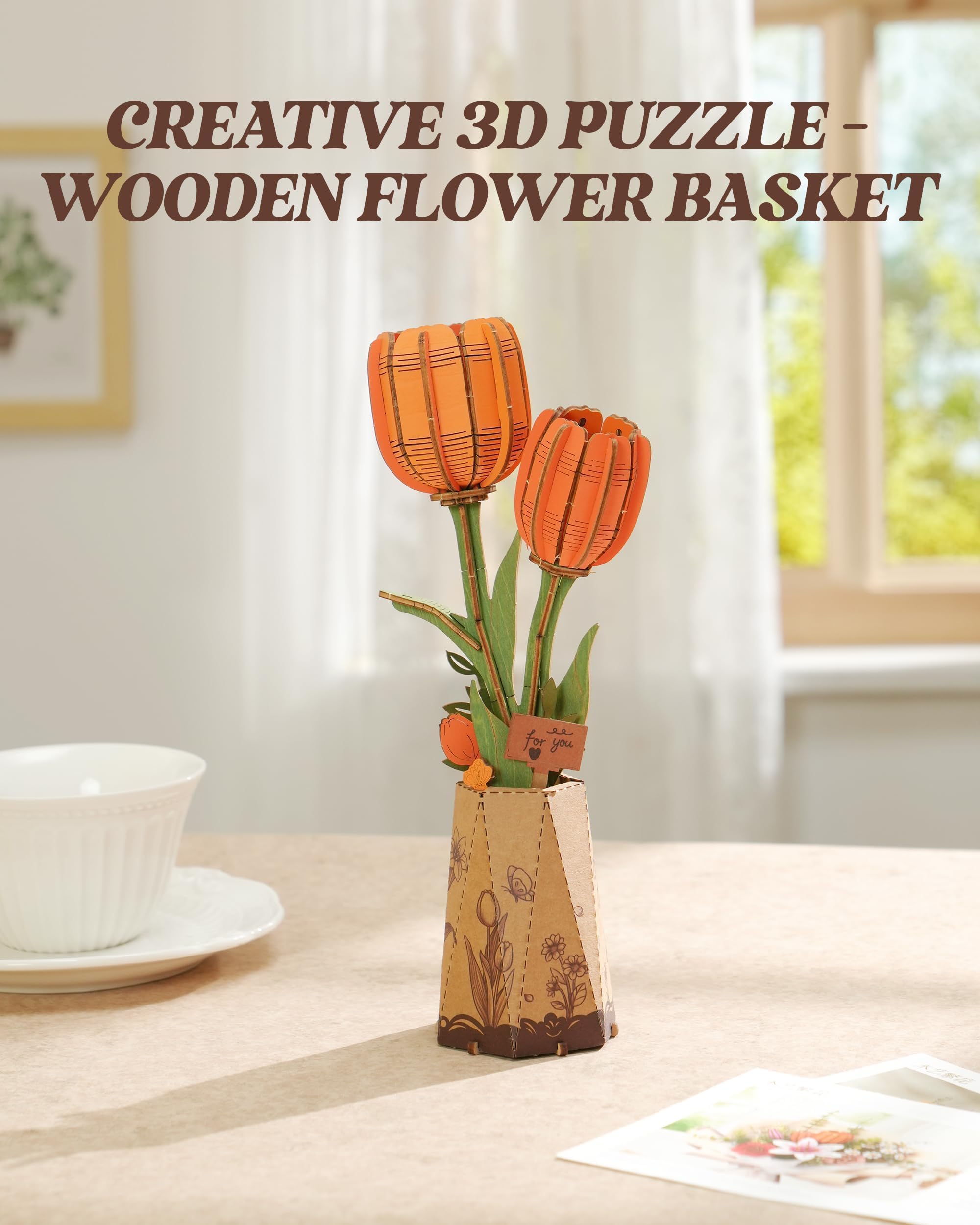 ROBOTIME Orange Tulip 3D Wooden Puzzle, Artificial Flowers Model Kits for Adults to Build Creative Home Decor - Image 2