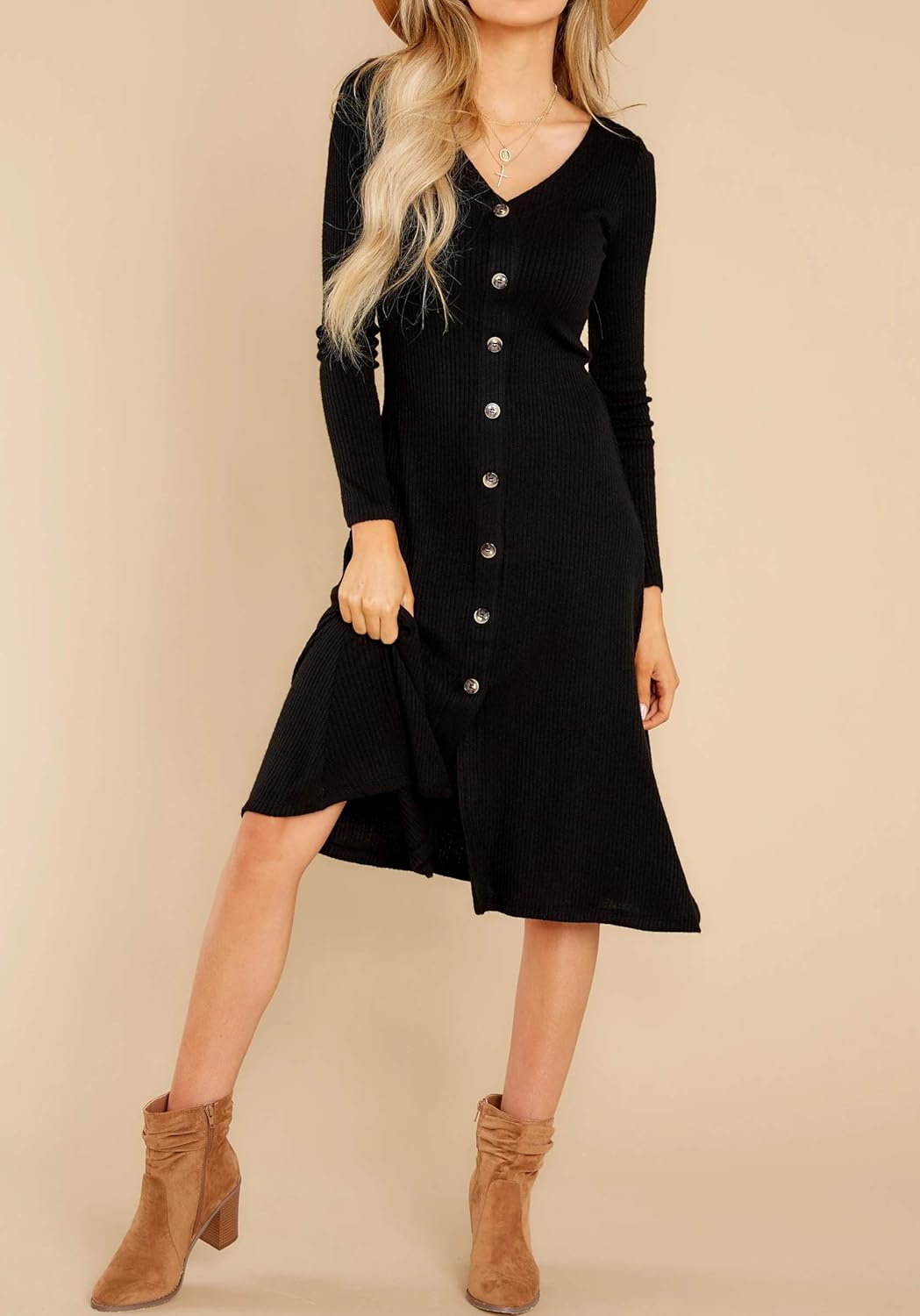 R.Vivimos Women's Fall Winter Long Sleeves V-Neck Casual Button Down Knit Sweater Midi Dress - Image 2