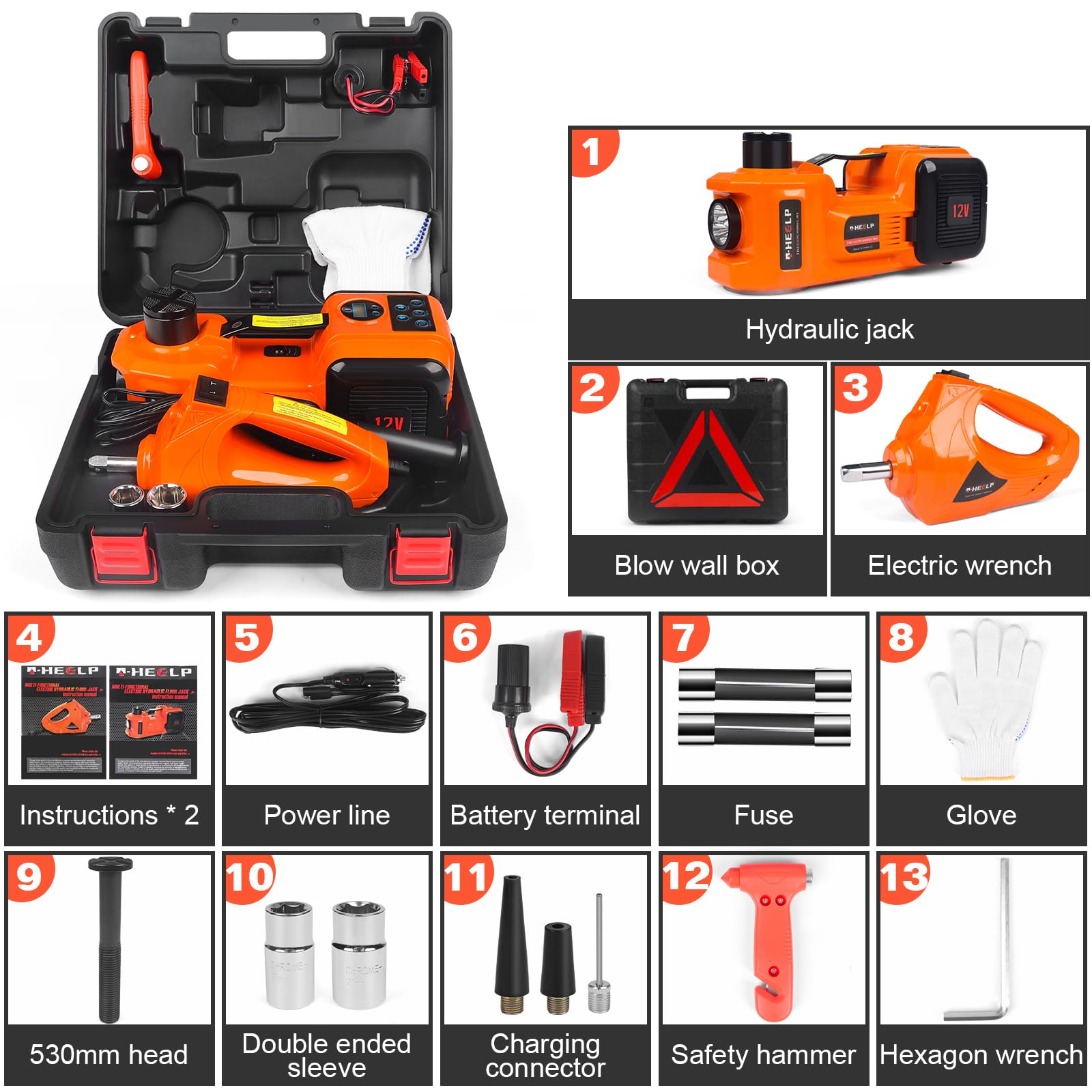 Kit cric elettrico idraulico 3 in 1 – Il cric elettrico per auto definitivo per il cambio degli pneumatici senza sforzo, robusto jack da 5 tonnellate 12 V con LED e chiave a percussione, progettato