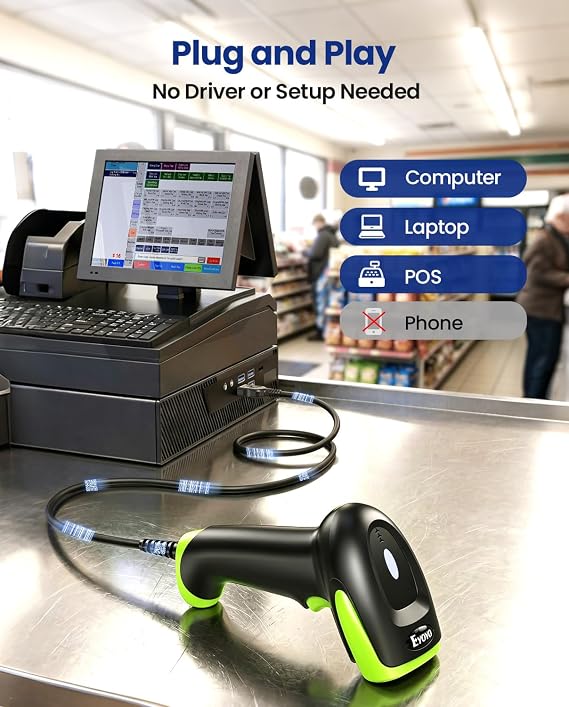 Eyoyo Barcode Scanner 1D 2D QR Wired QR Code Scanner Handheld Barcode Reader for PC Mac Laptop Green