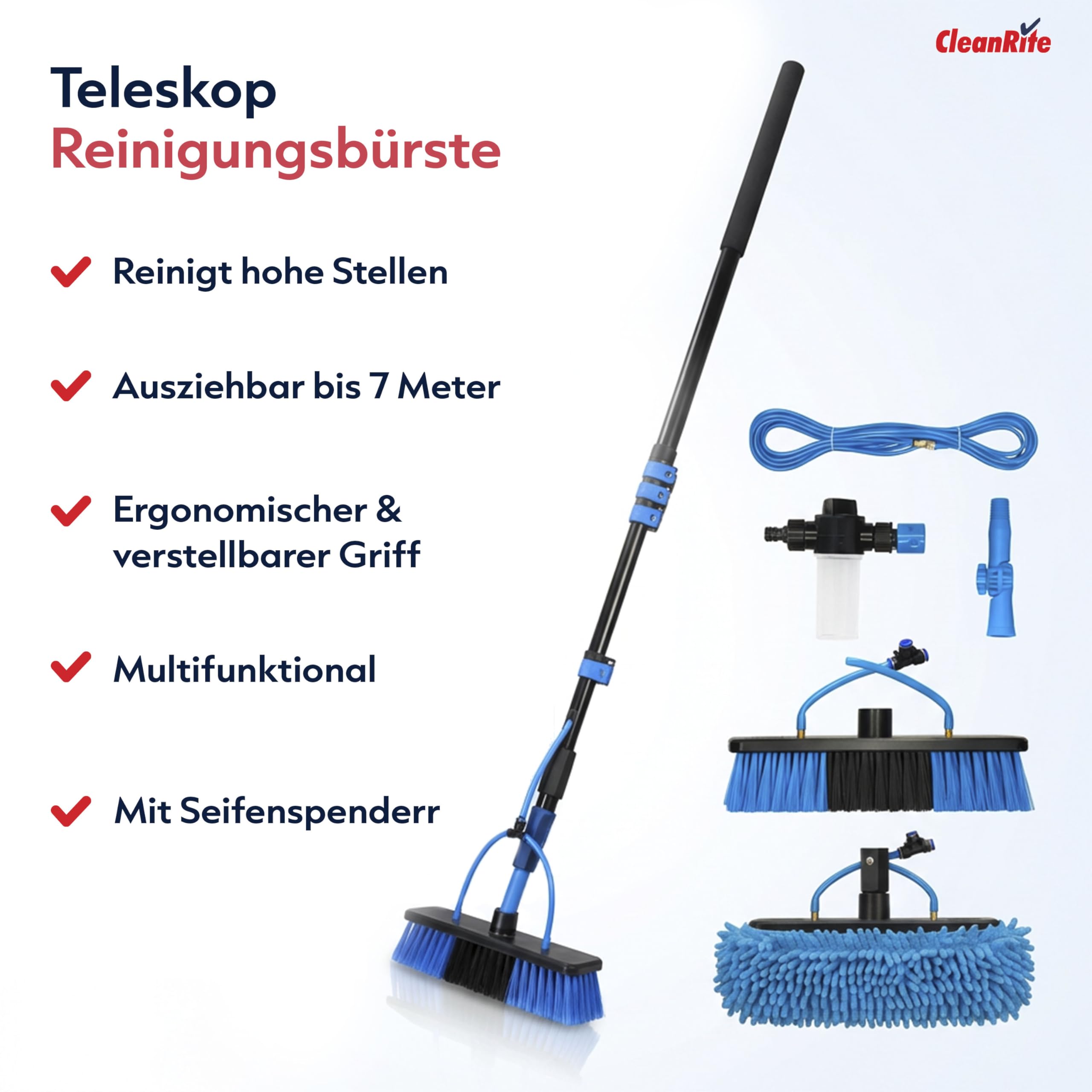 CleanRite® Teleskop Waschbürste 7m extra lang mit Wasseranschluss | Teleskopbürste mit Wasseranschluss | PV Reinigungsbürste Teleskop Set | Terrassendach Reiniger & Dachrinnenreiniger | Schwarz
