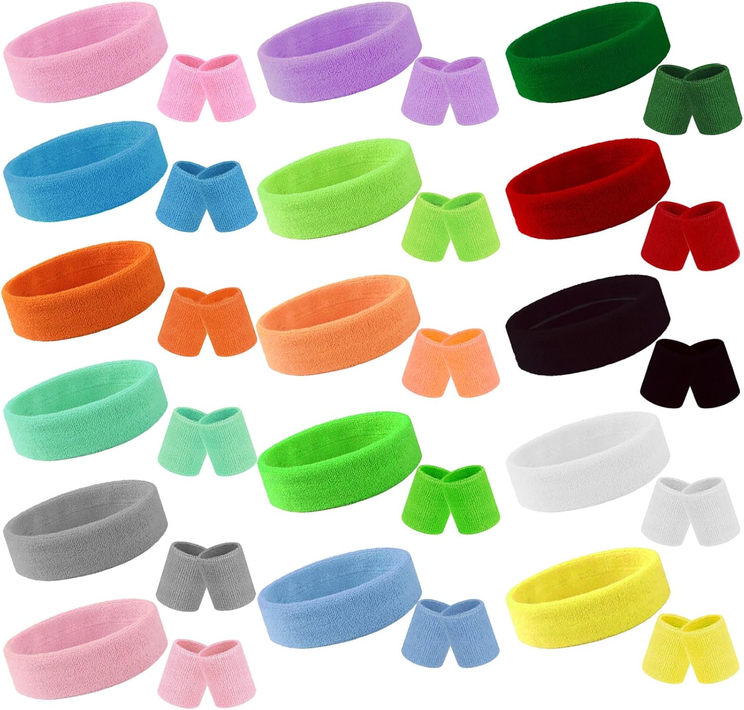 48 Pcs Neon Sweatbands Set 16 Sets Sports Headband and Wristbands Colorful Sports Headband Wristband for Man and Women Bulk Headband Wristband Set Cotton Terry Basketball Tennis（16 Colors）