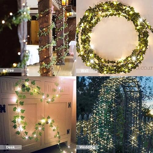 Miniatura 7 de Guirnalda de hiedra artificial de 168 pies con 400 luces LED 132 pies, enredaderas falsas para decoración de dormitorio, hojas de hiedra,