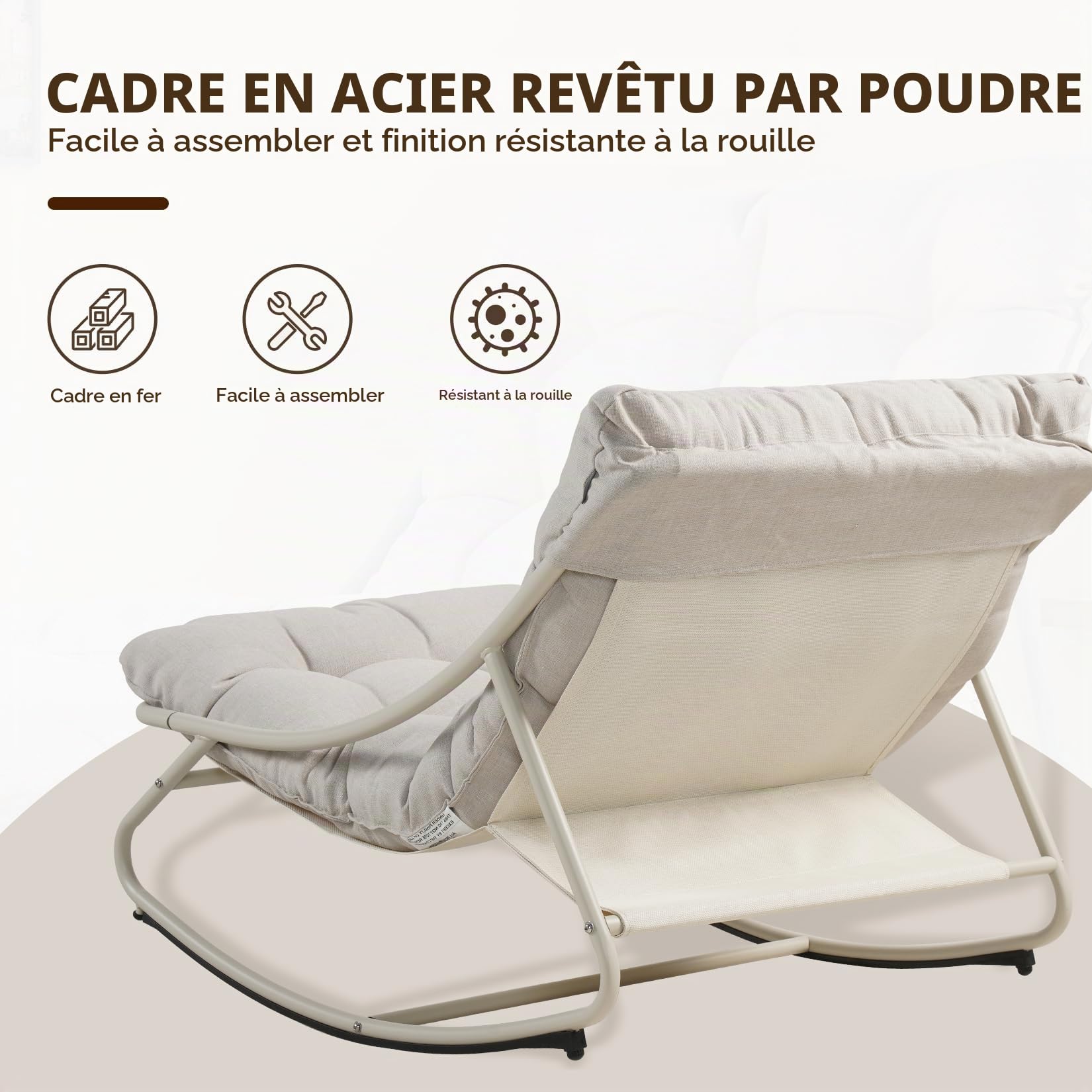 Grand patio Fauteuil à Bascule d’Extérieur avec Coussin – Chaise Relax Ergonomique en Métal, Résistante aux Intempéries, pour Jardin, Terrasse, Balcon & Salon, Jusqu’à 150 kg –Blanc Cassé