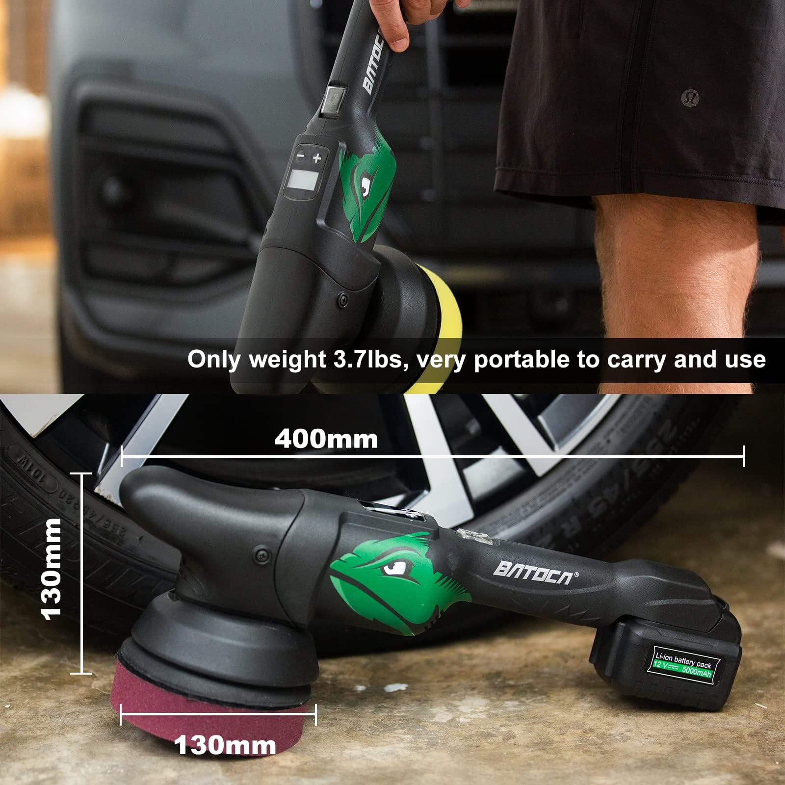 BATOCA S2 Pulidora Coche Bateria,Pulidora Excéntrica/Orbital 8mm,Indicador de Velocidad LCD,Kit Portátil Pulido con 2 5000mAh Baterías,Máquina de Pulir Esponja 125mm,Almohadilla Lustradora