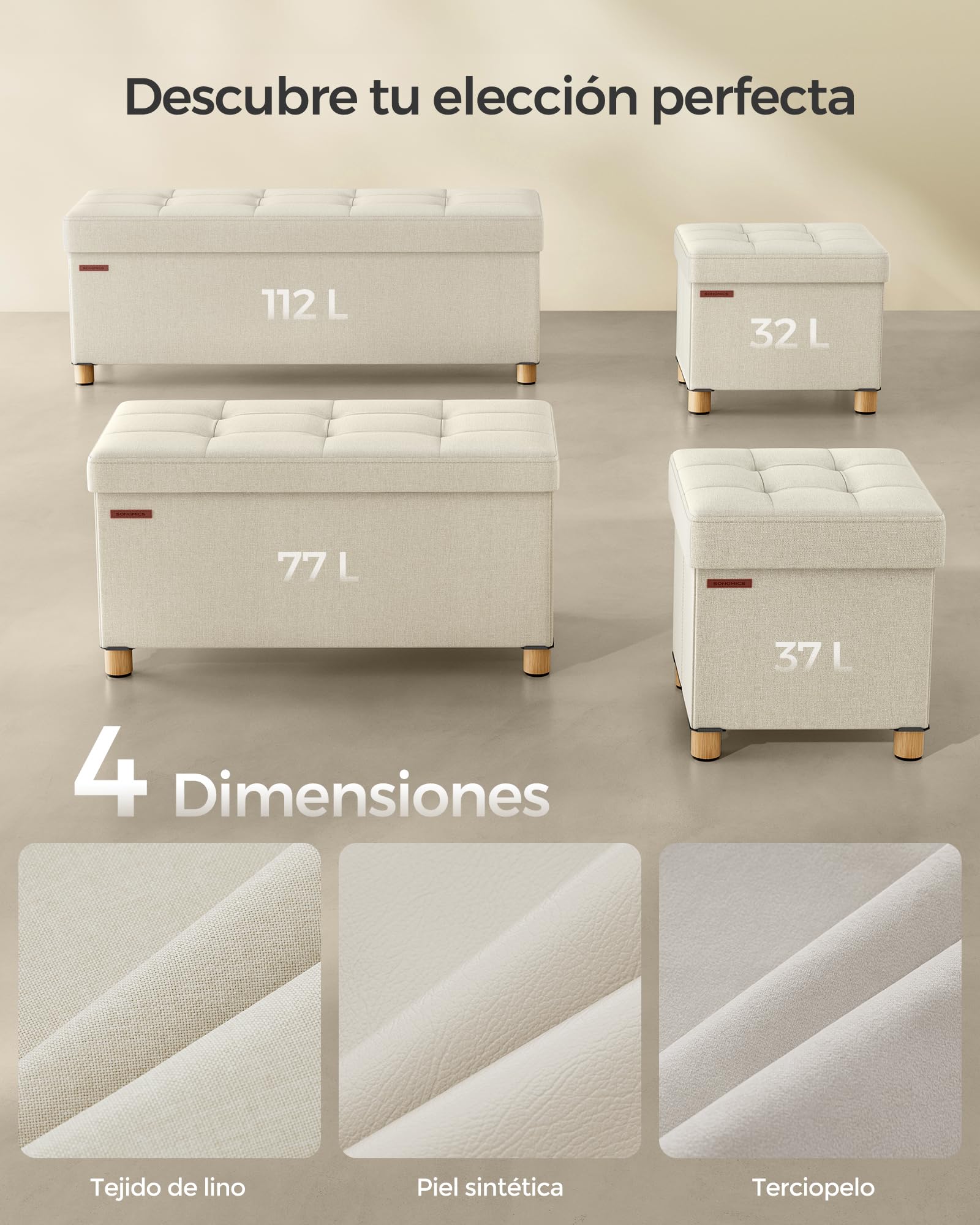SONGMICS Puff Almacenaje, Baúl Plegable con Patas, 38 x 110 x 40 cm, Banco de Pie de Cama, Banco Almacenaje, Soporta hasta 300 kg, para Sala de Estar, Dormitorio, Entrada, Blanco Crema LSF018W11