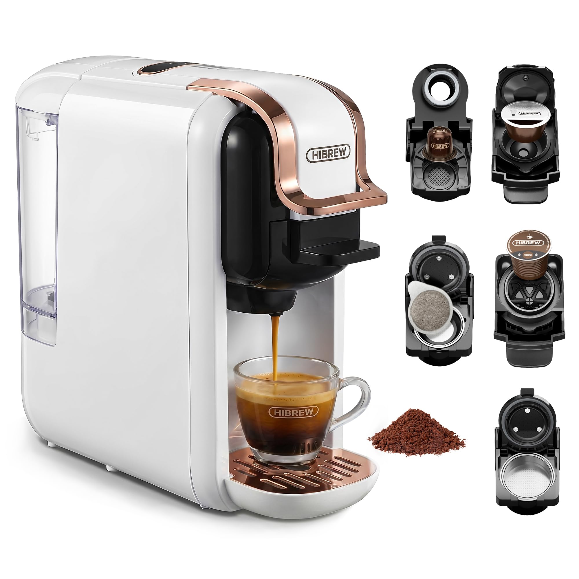 HIBREW 5-in-1 Pods Coffee Maker, 19 Bar Espresso Machine for Pods, for Kcup/Nes/DG/Espresso Powder, Makes iced coffee (White)