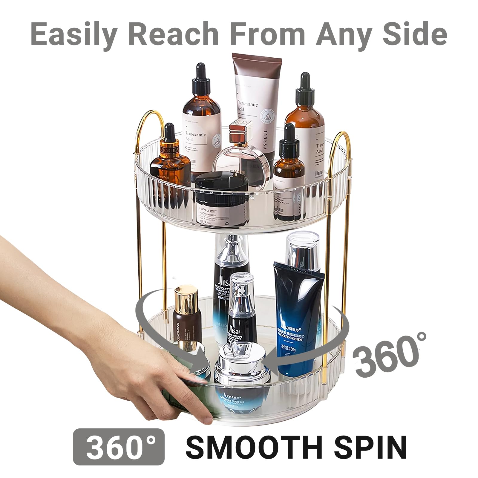 Asayuee Organizzatore per trucchi rotante a 360 gradi, organizer per trucchi a 2 livelli di grande capacità, organizer per cosmetici per la cura della pelle, organizer per cosmetici da bagno