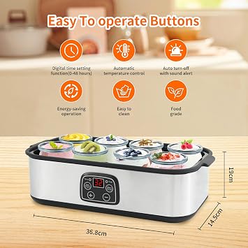 Yogurt Maker 1500ml with 8 Glass Jars, Stainless Steel Yogurt Maker Machine with LED Display, Adjustable Temp and 48H Timer, for Making Organic Yogurt, Healthy Homemade Desserts (8×180ml Glass Jars)
