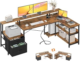 ODK 75" L-Shaped Desk with File Drawers & Power Outlet - Reversible Gaming Office Corner Desk, Monitor Shelf, Vintage Storage Shelves