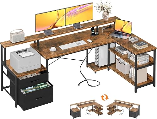 ODK Escritorio en Forma de L de 75" con Cajones para Archivos, Escritorio de Oficina en Forma de L con Toma de Corriente y Tira LED, Escritorio