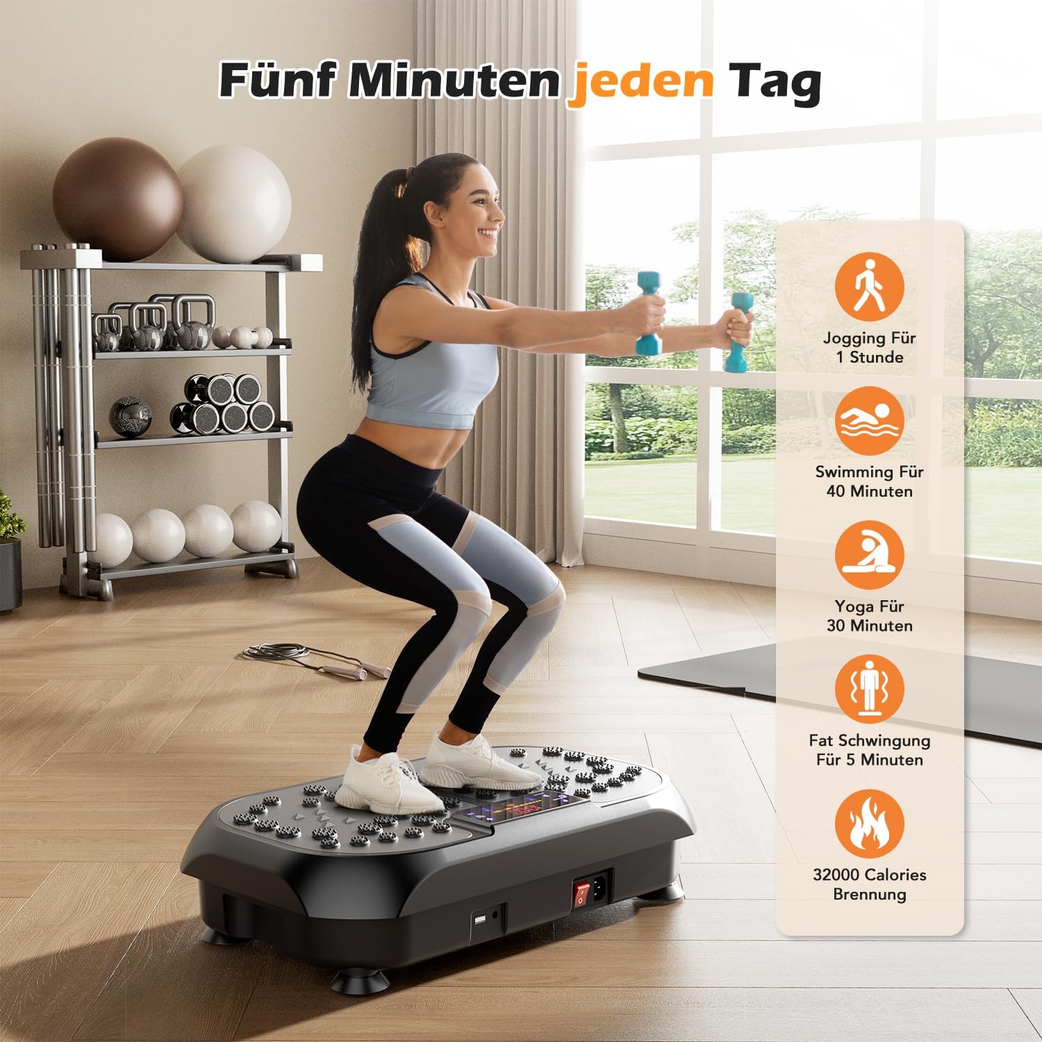 Woman exercising on Oyajia 4D Vibration Plate with a list of equivalent exercise benefits