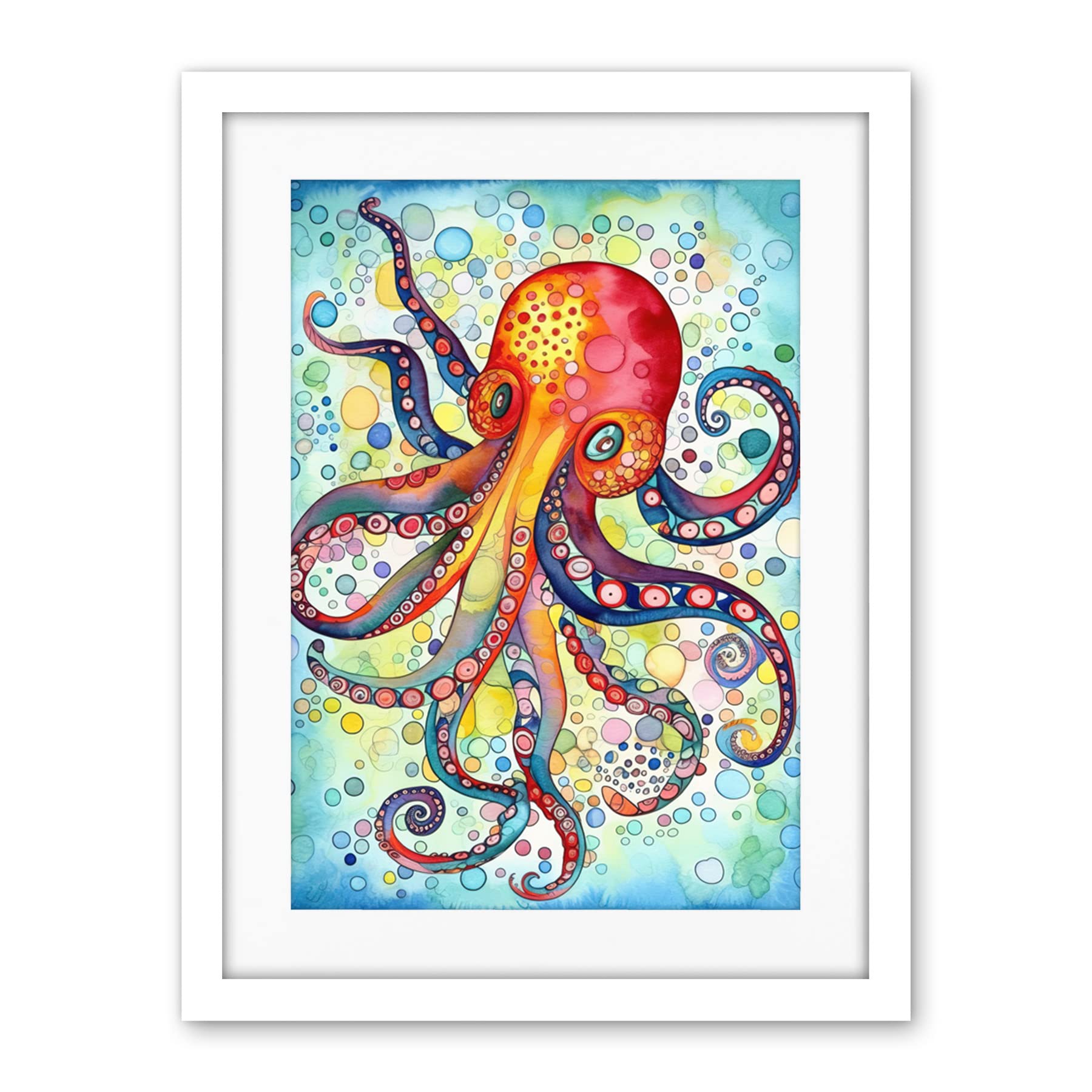 Artery8 Octopus Swimming In Air Bubbles Folk Art Watercolour Painting Artwork Framed Wall Art Print 18X24 Inch
