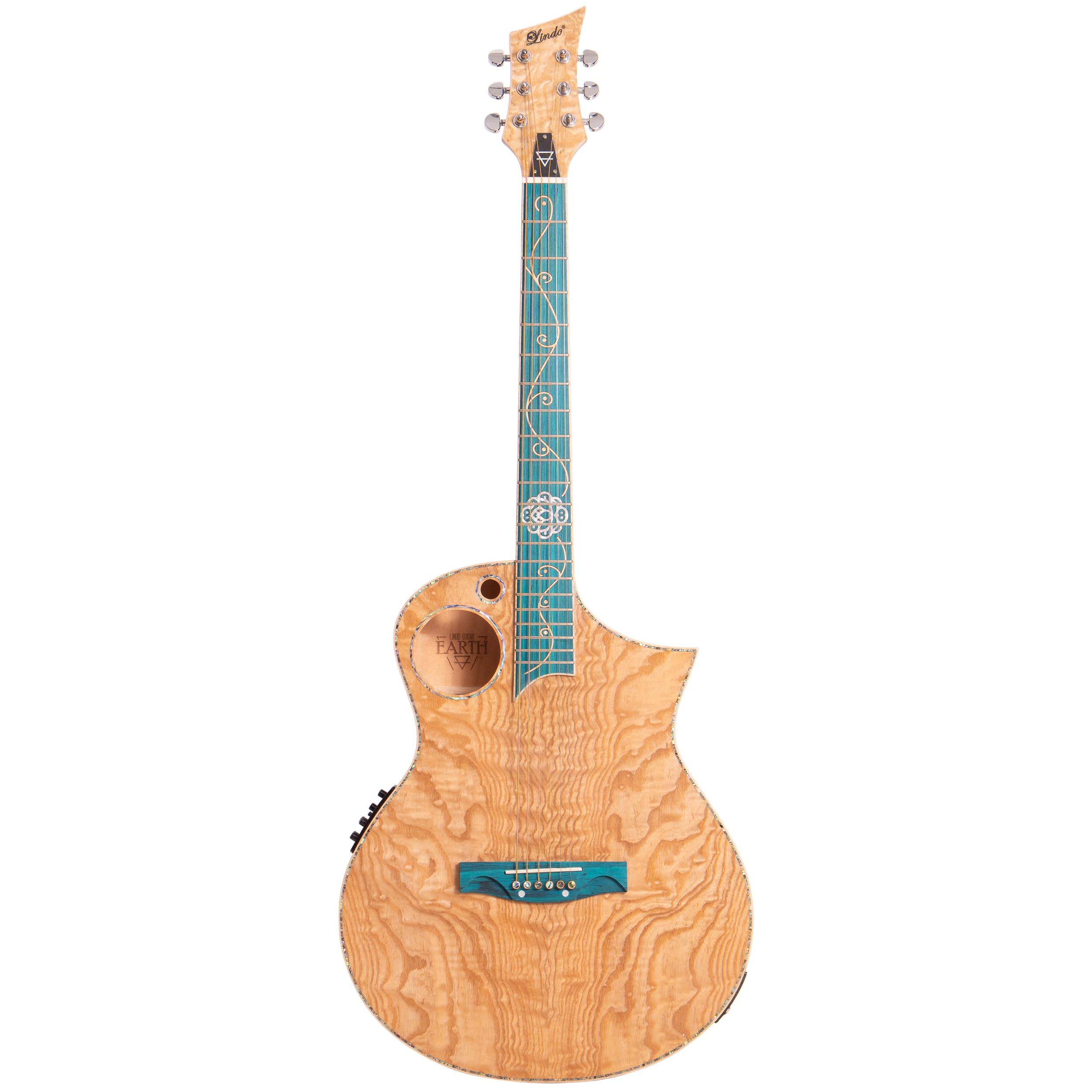 Lindo Earth Slim Body Electro gitara akustyczna, figurowy popiół Tamo i płaski zebrano, przedwzmacniacz/tuner BS3M z podwójnym gniazdem, wyjściem XLR, podstrunnica i mostek (struny nylonowe)