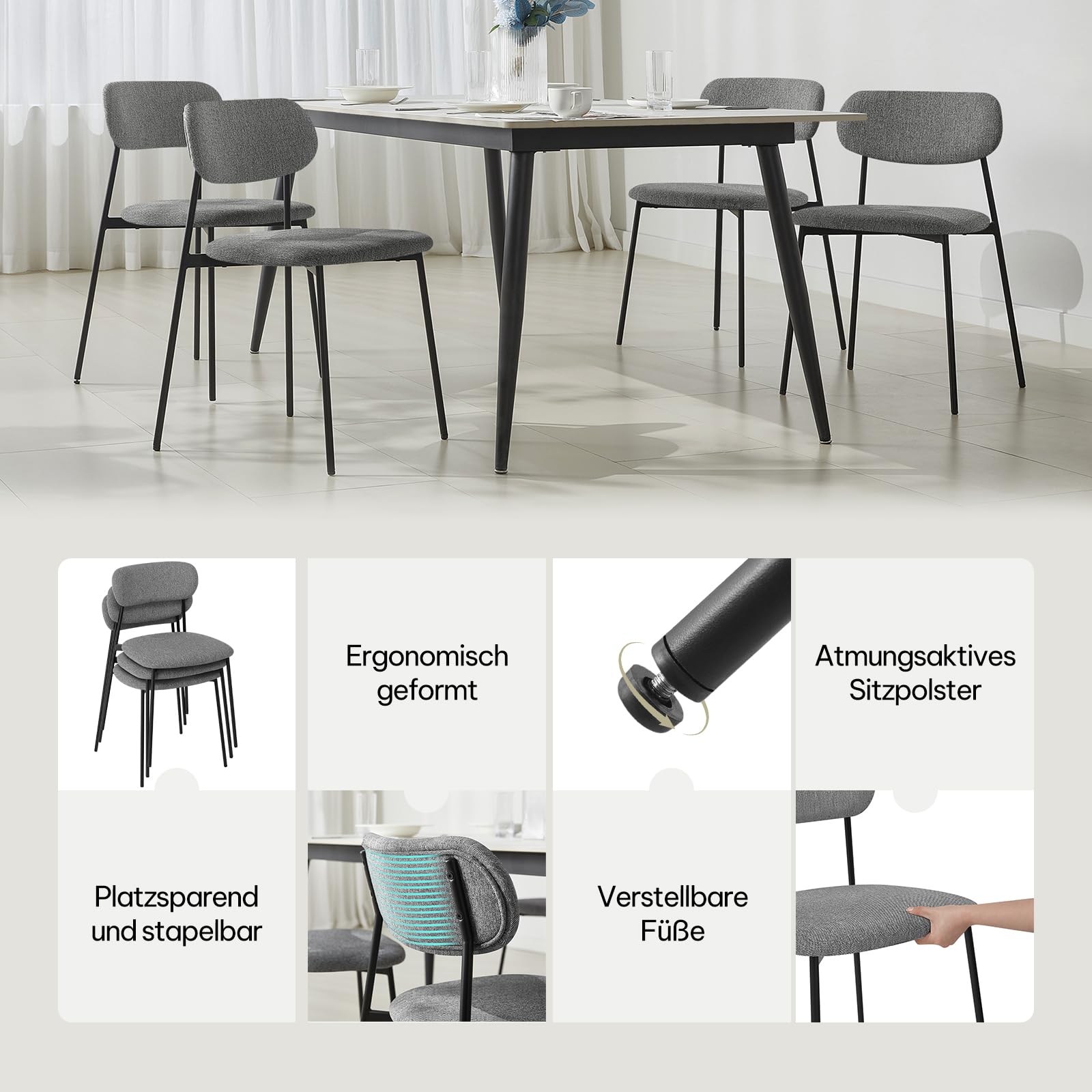 Lestarain Konferenzstühle Stapelbar, Esszimmerstühle 4er Set, Konferenzstühle Stapelbar, Küchenstühle, Polsterstuhl, Schminktisch Stuhl, für Esszimmer Küche Wohnzimmer, Metallbeine, Leinensitz, Grau