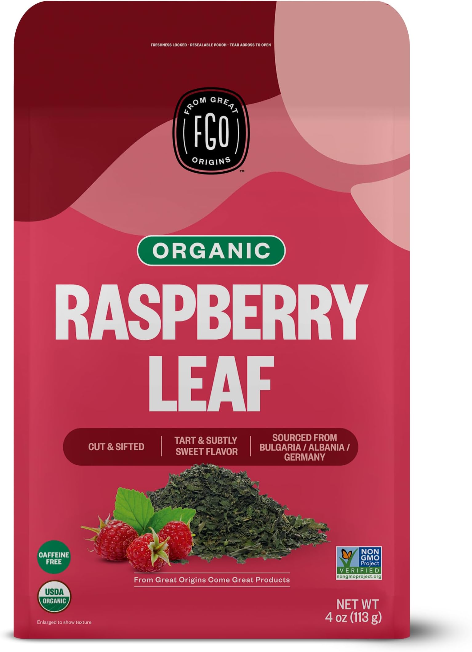 Organic Red Raspberry Loose Leaf Herbal Tea, Cut and Sifted, Caffeine Free, Resealable Bag, 4oz (Pack of 1)
